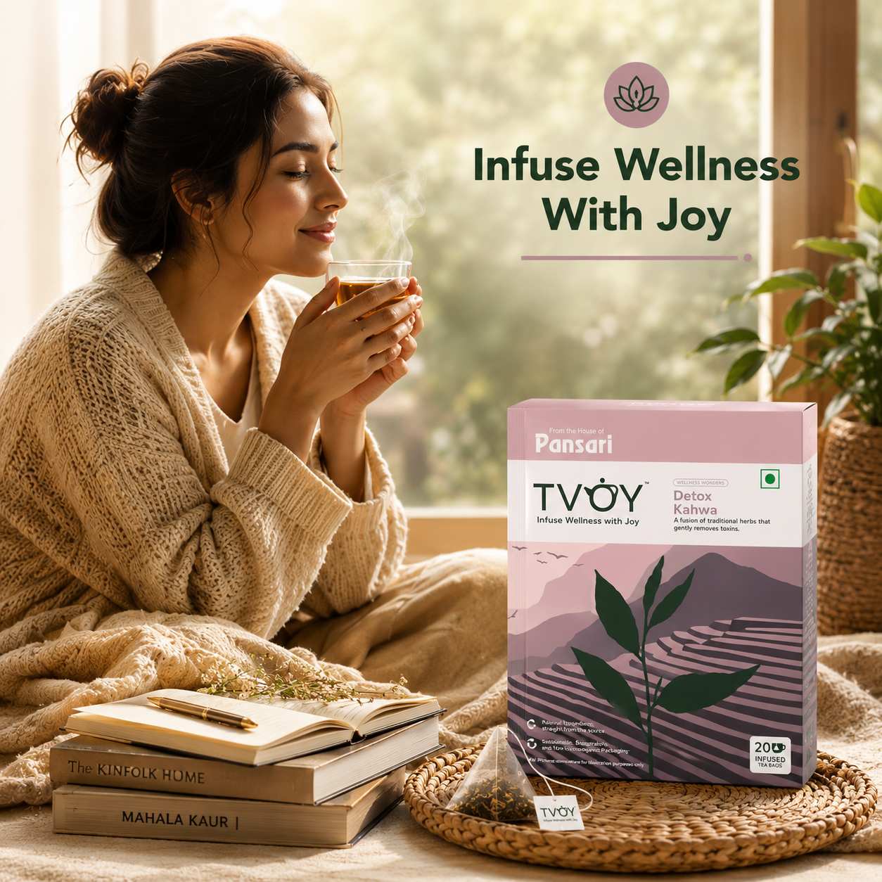 TVOY Detox Kahwa Green Tea biodegradable pyramid tea bag close-up — plastic free and eco friendly