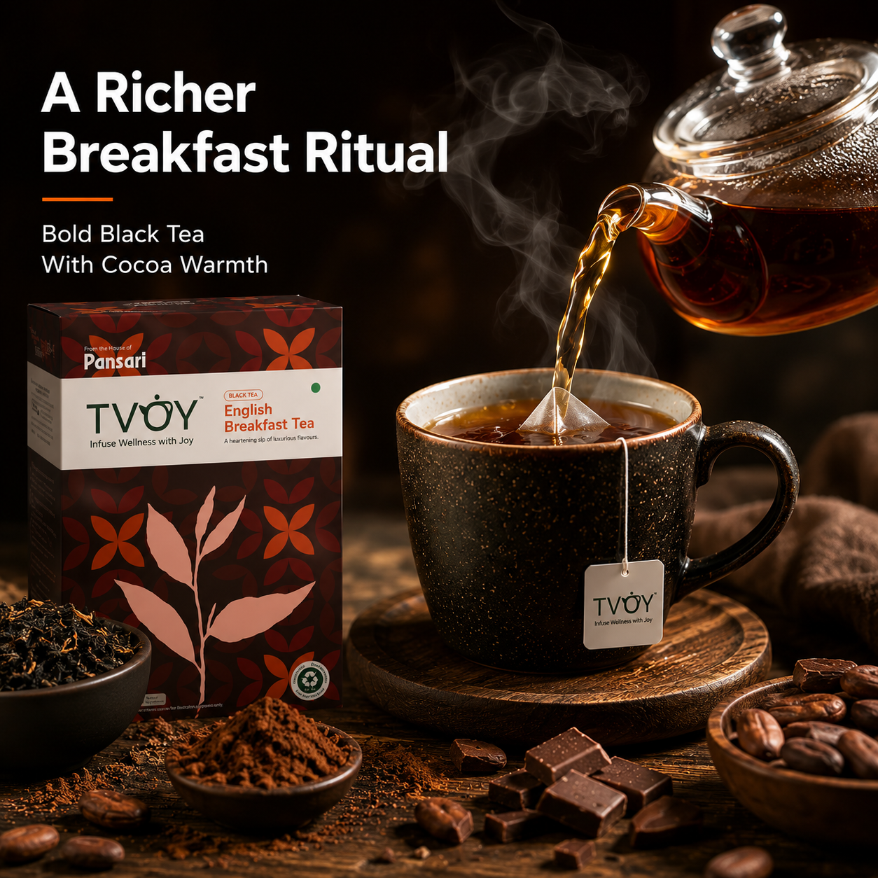 TVOY English Breakfast Black Tea with a freshly brewed cup showing rich natural colour