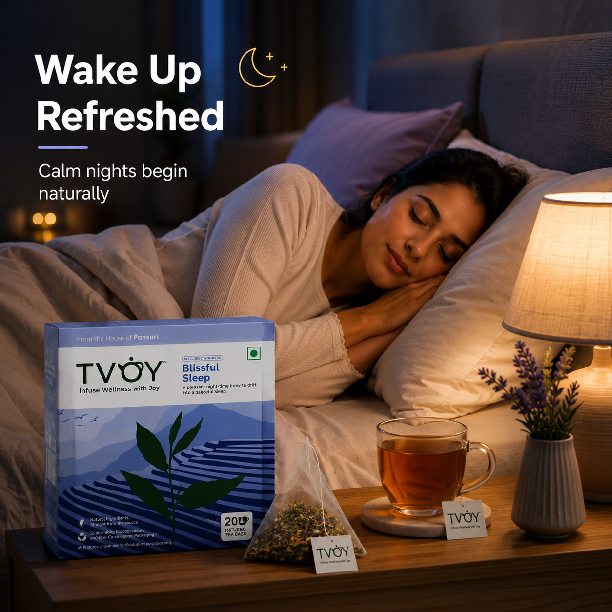 Health benefits of TVOY Herbal Sleep Tea including better sleep with chamomile and rose