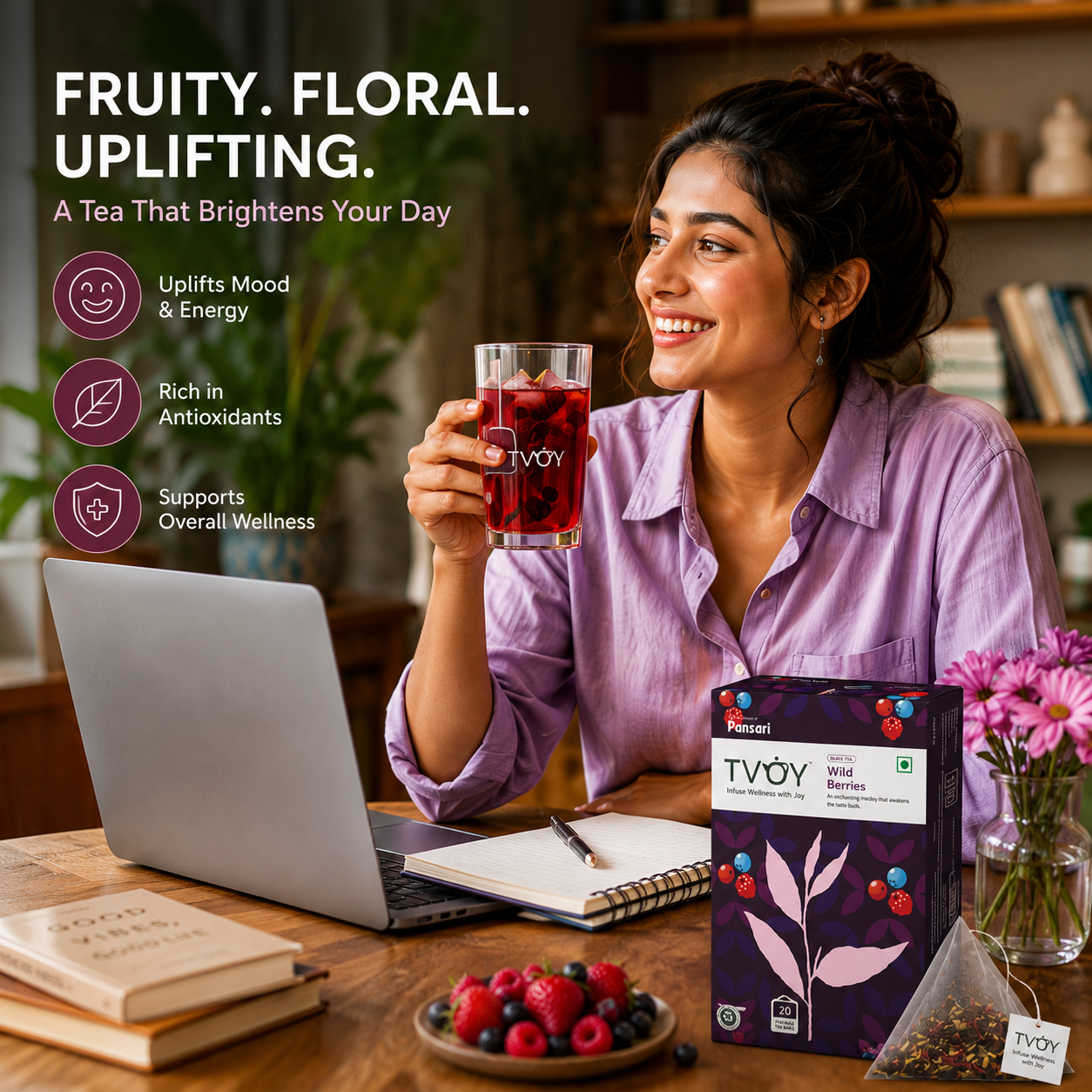 TVOY Wild Berry Hibiscus Tea with a freshly brewed cup showing rich natural colour