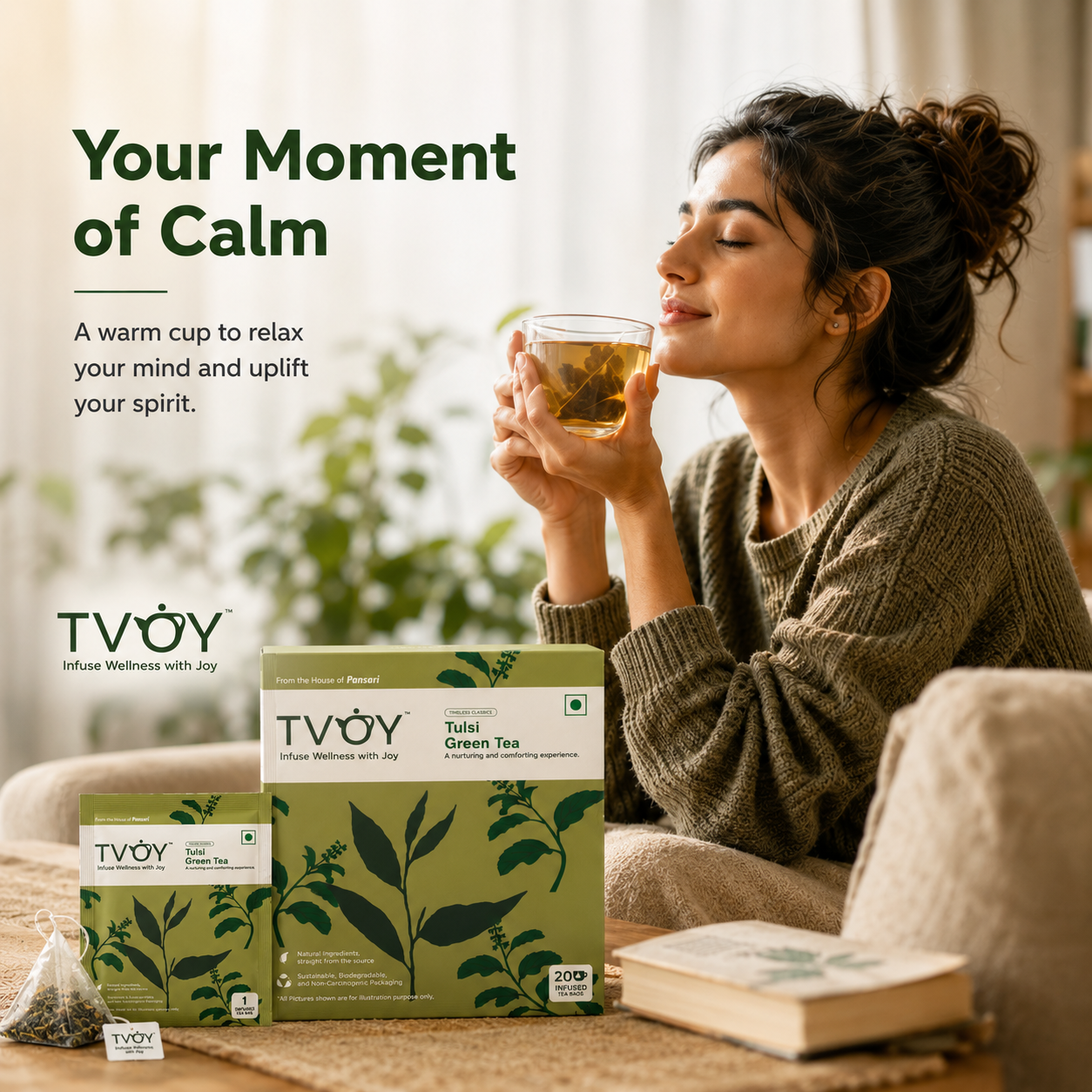 TVOY Tulsi Green Tea with a freshly brewed cup showing rich natural colour