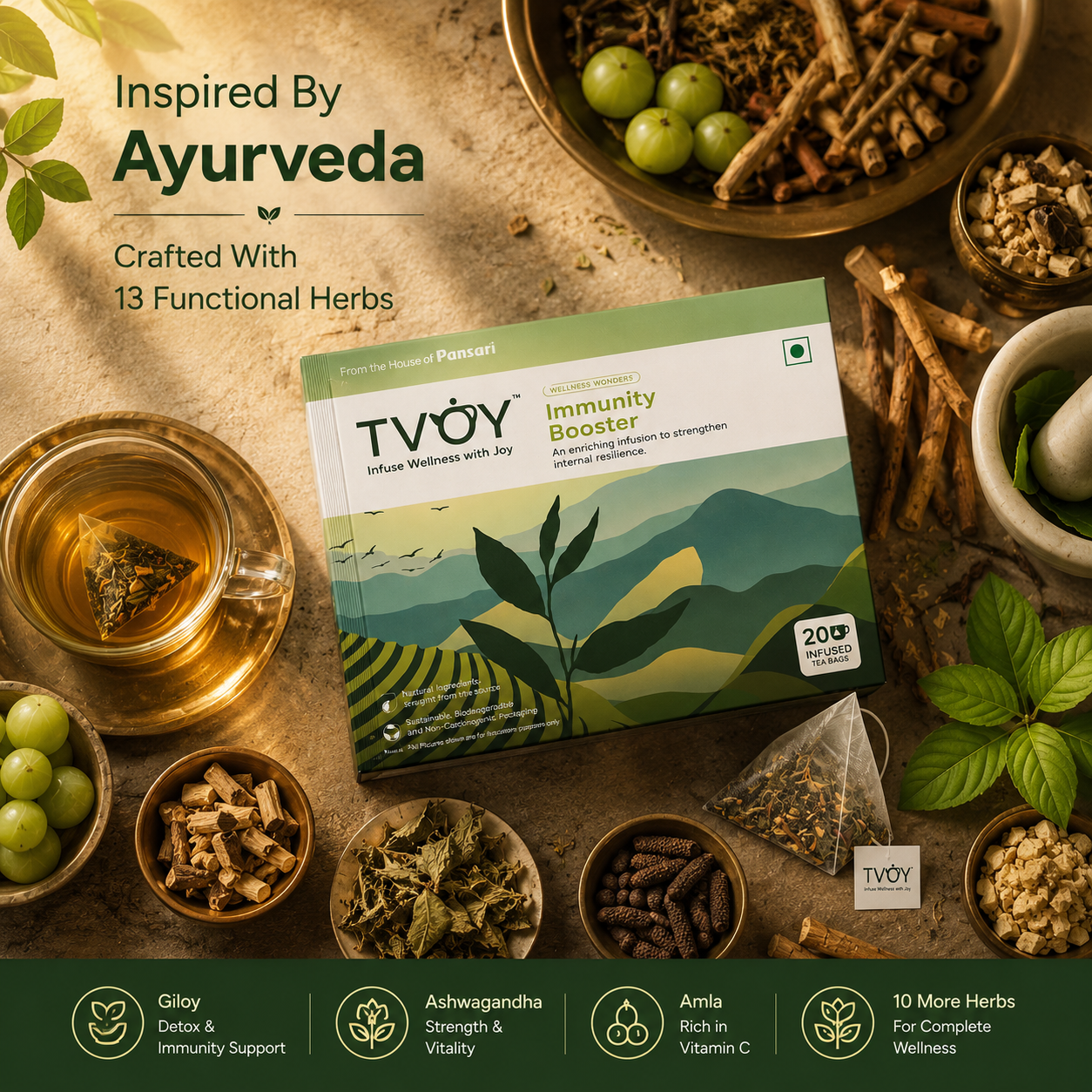 TVOY Immunity Booster Green Tea natural ingredients used in the blend