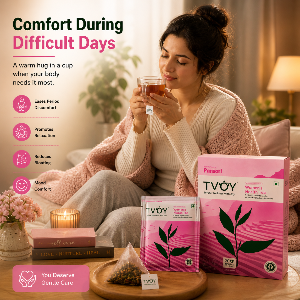 TVOY Period and Hormonal Balance Tea biodegradable pyramid tea bag close-up — plastic free and eco friendly