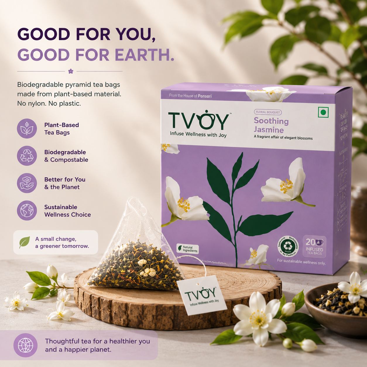 TVOY Jasmine Green Tea biodegradable pyramid tea bag close-up — plastic free and eco friendly