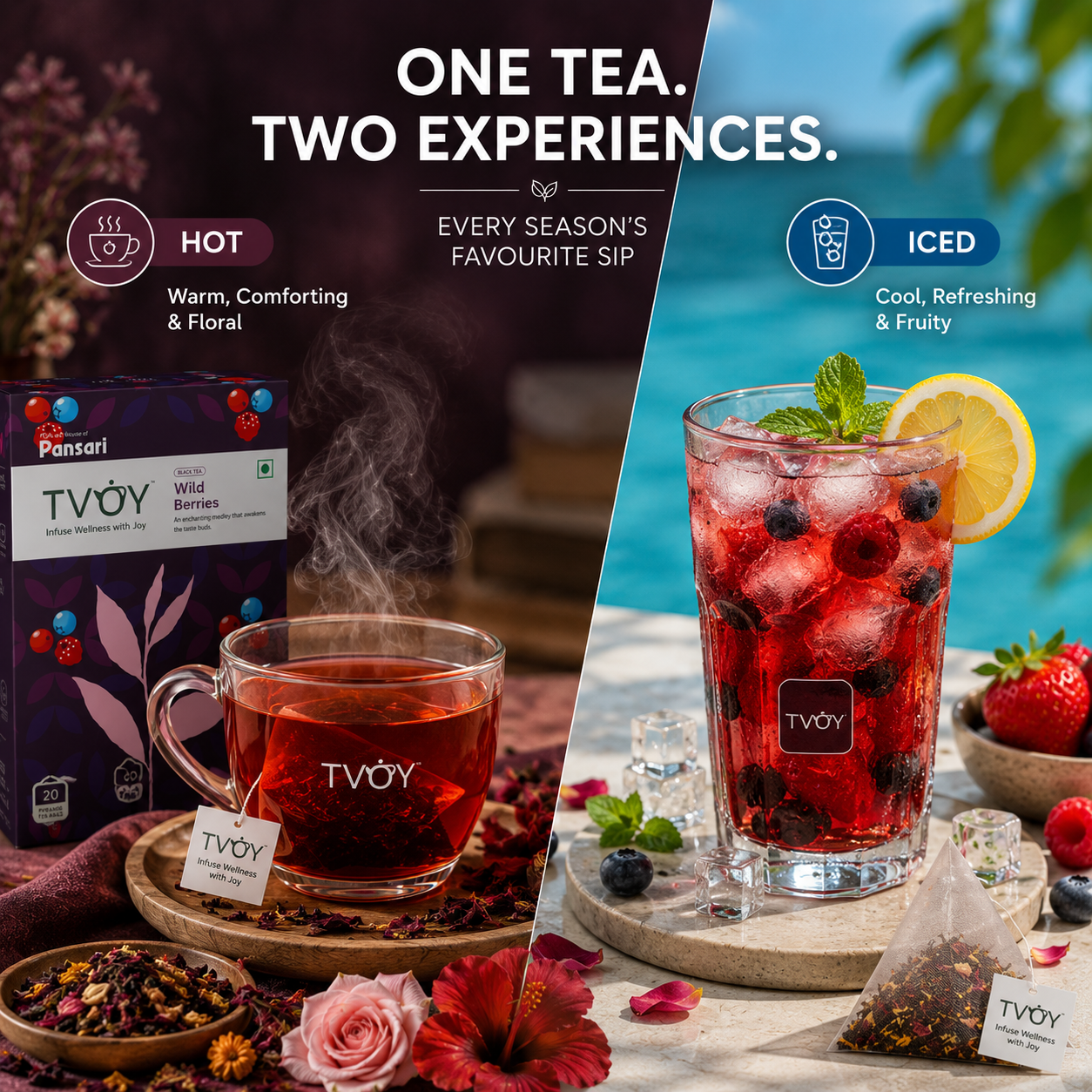 TVOY Wild Berry Hibiscus Tea biodegradable pyramid tea bag close-up — plastic free and eco friendly