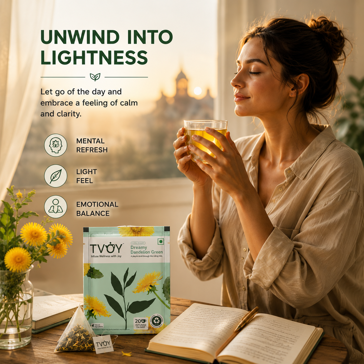 TVOY Liver Detox Tea biodegradable pyramid tea bag close-up — plastic free and eco friendly