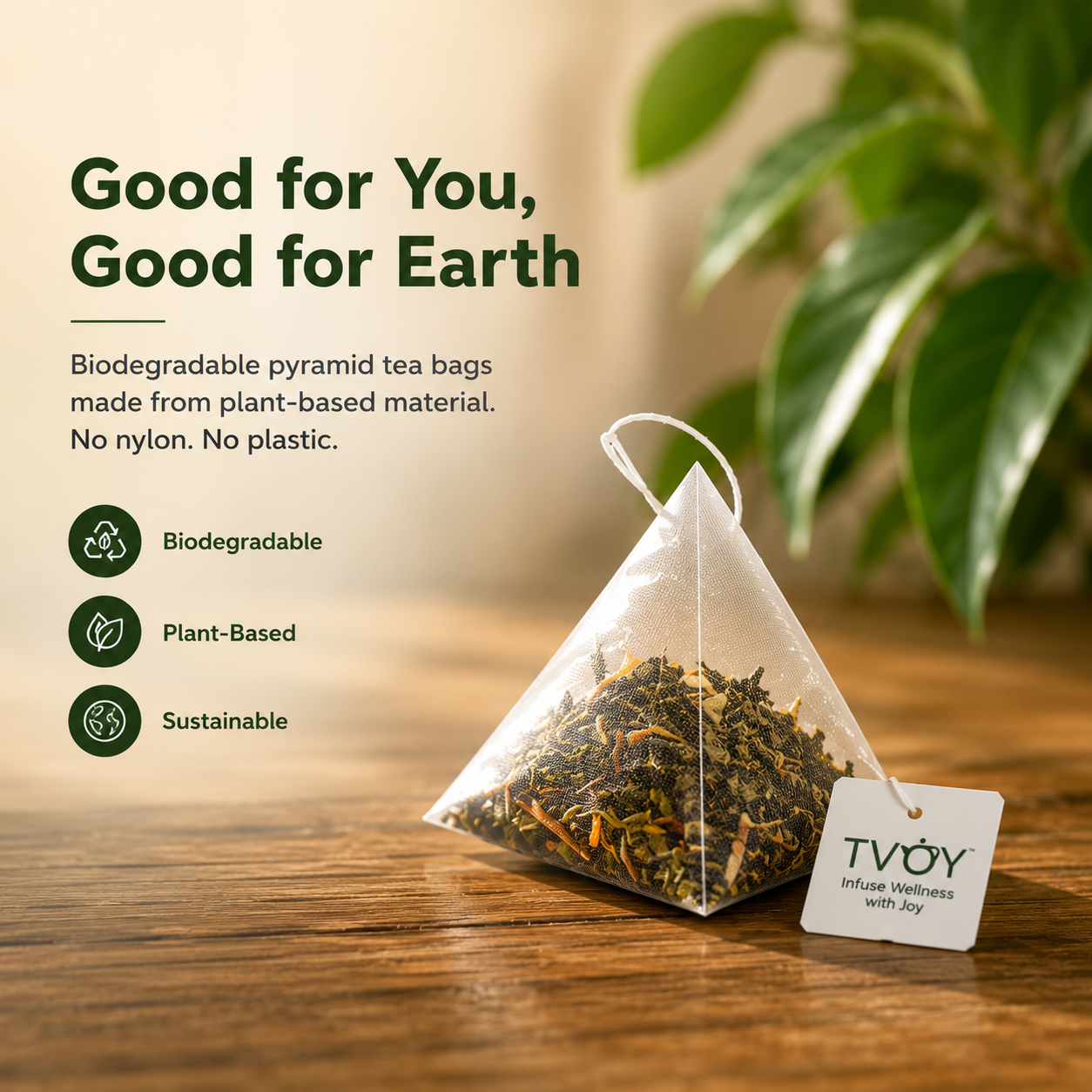 TVOY Tulsi Green Tea biodegradable pyramid tea bag close-up — plastic free and eco friendly