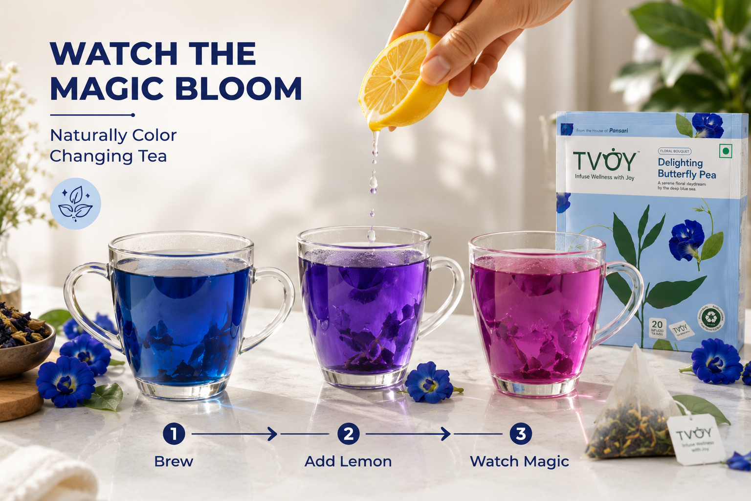 TVOY Butterfly Pea Blue Green Tea biodegradable pyramid tea bag close-up — plastic free and eco friendly