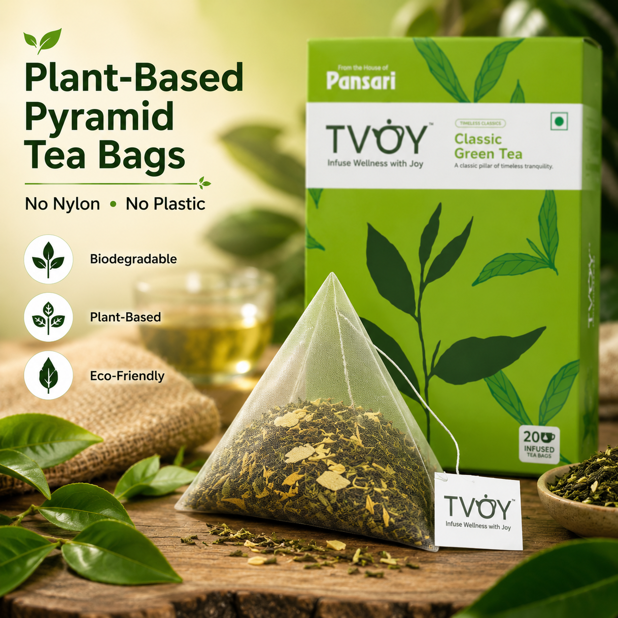 TVOY Pure Green Tea biodegradable pyramid tea bag close-up — plastic free and eco friendly