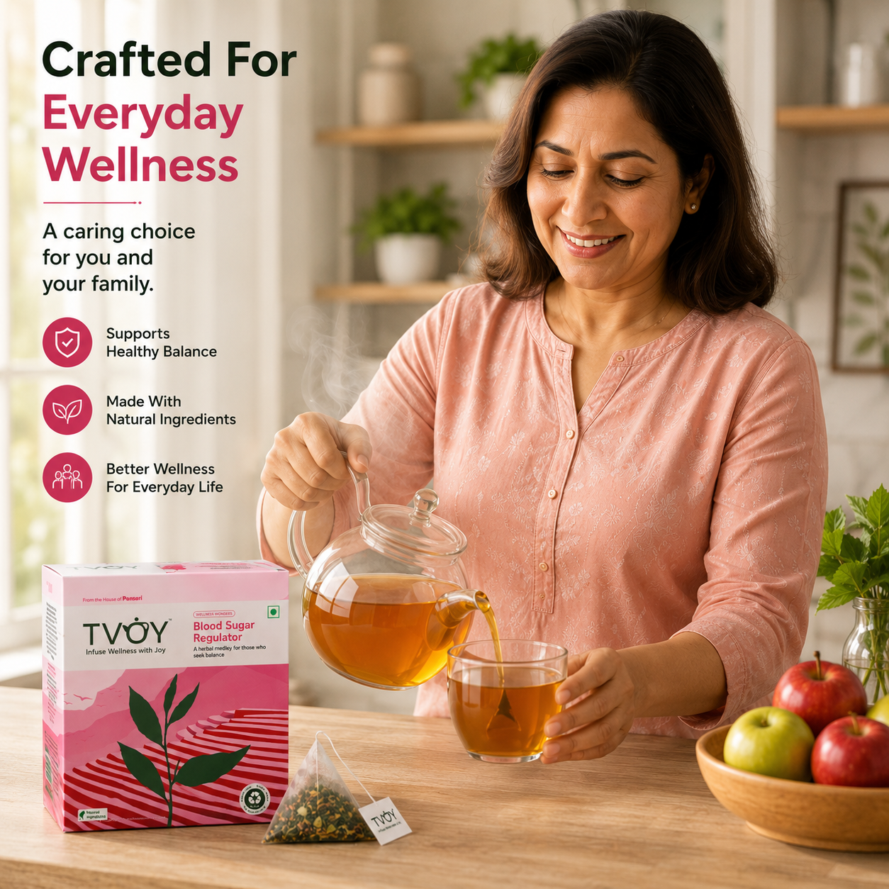 TVOY Blood Sugar Support Tea package label showing ingredients and brewing instructions