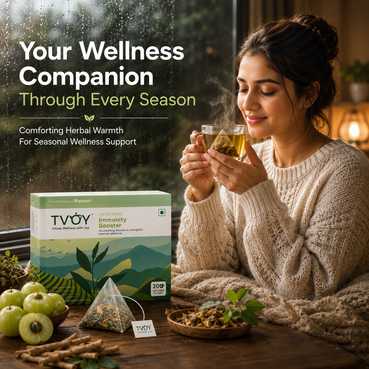 TVOY Immunity Booster Green Tea box front view — premium pyramid tea bags for immunity with Giloy and Ashwagandha