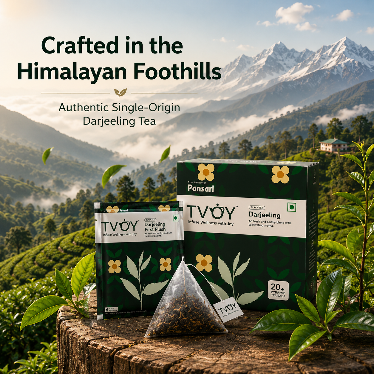 TVOY Darjeeling Black Tea biodegradable pyramid tea bag close-up — plastic free and eco friendly