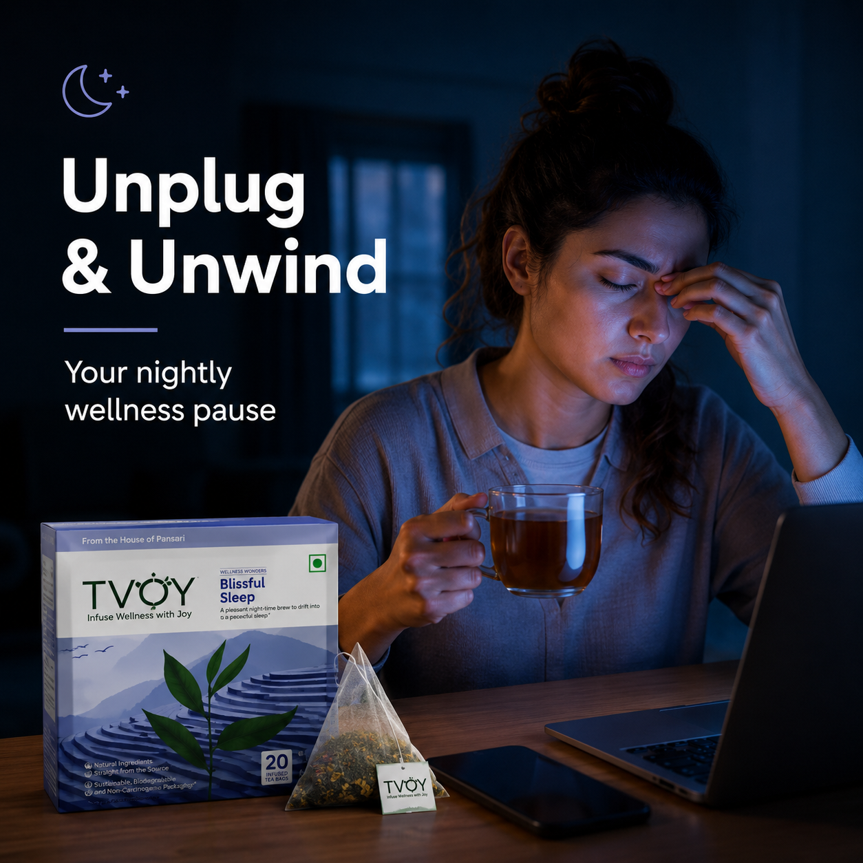 TVOY Herbal Sleep Tea biodegradable pyramid tea bag close-up — plastic free and eco friendly