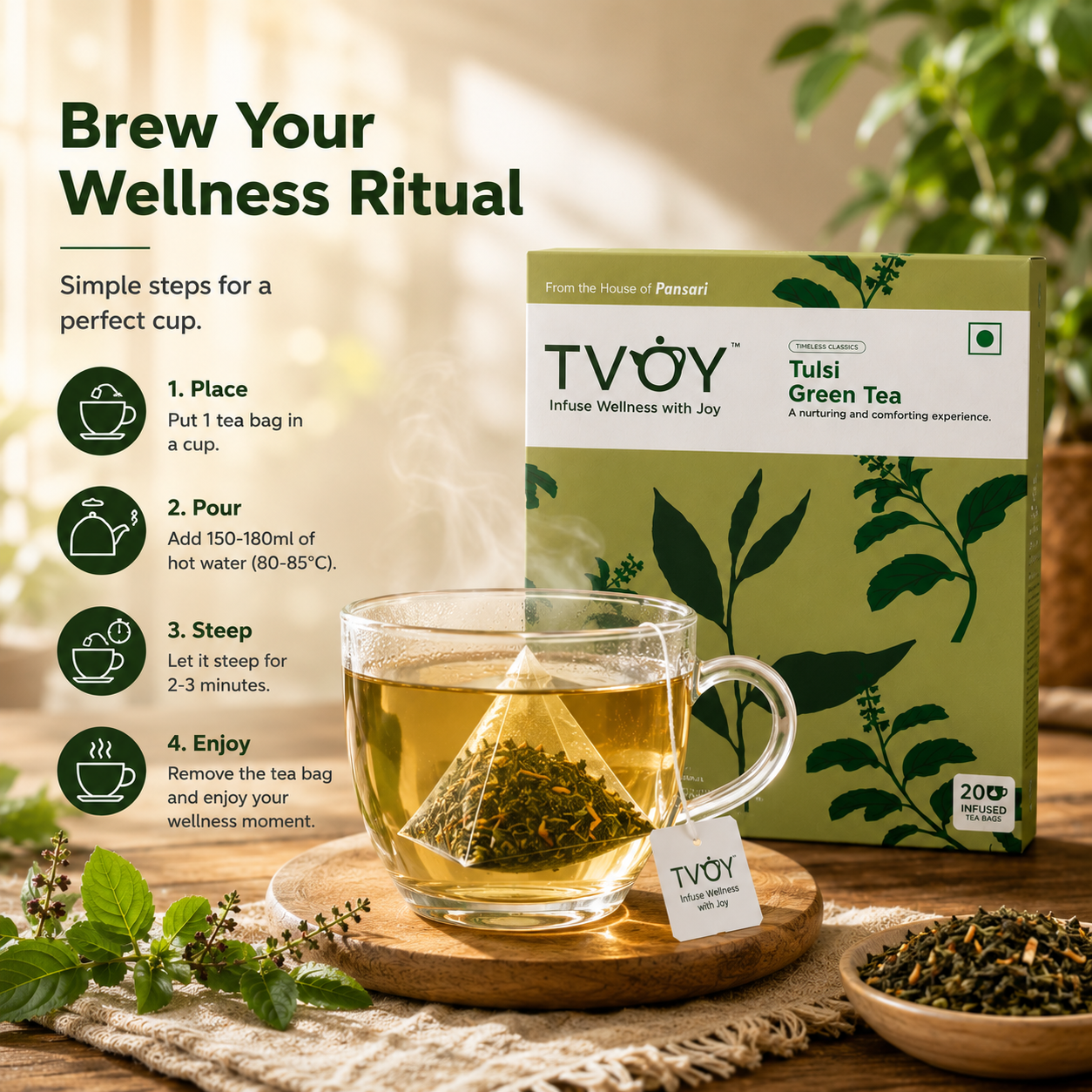 TVOY Tulsi Green Tea natural ingredients used in the blend