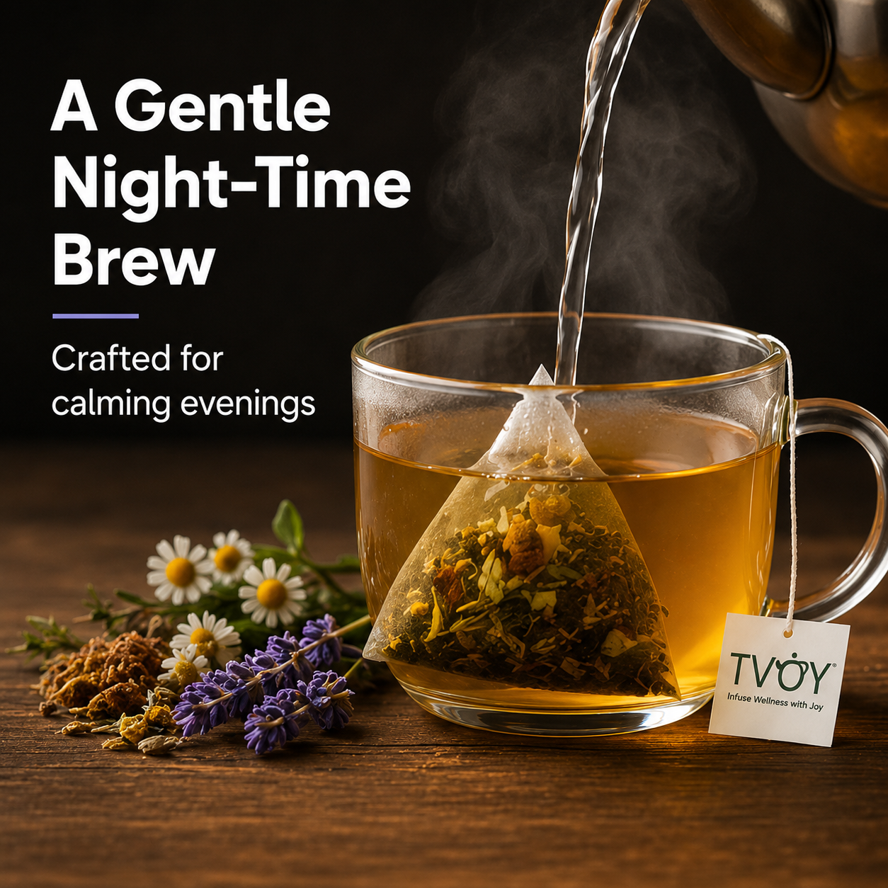 TVOY Herbal Sleep Tea package label showing ingredients and brewing instructions