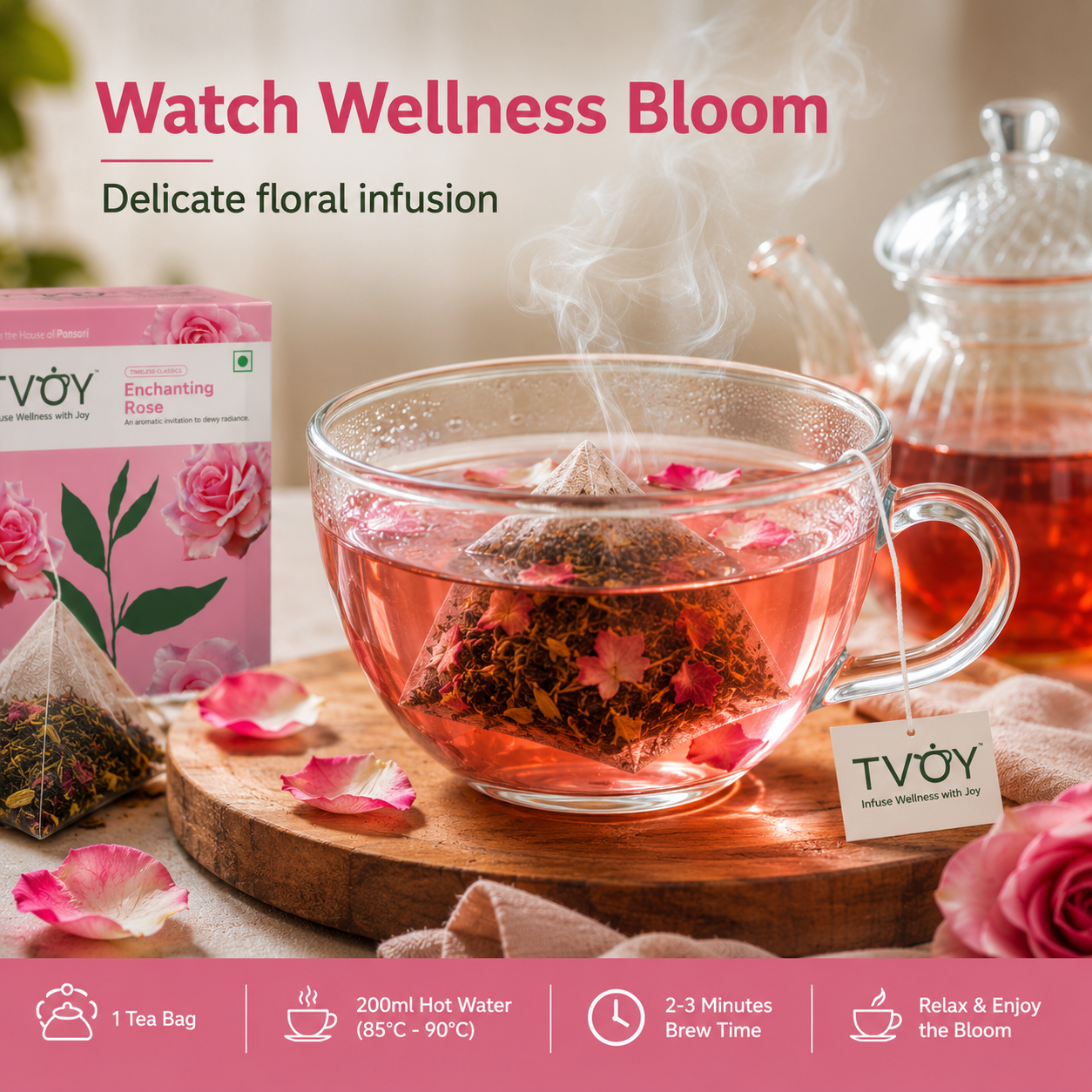 Health benefits of TVOY Rose Green Tea including skin glow and stress relief