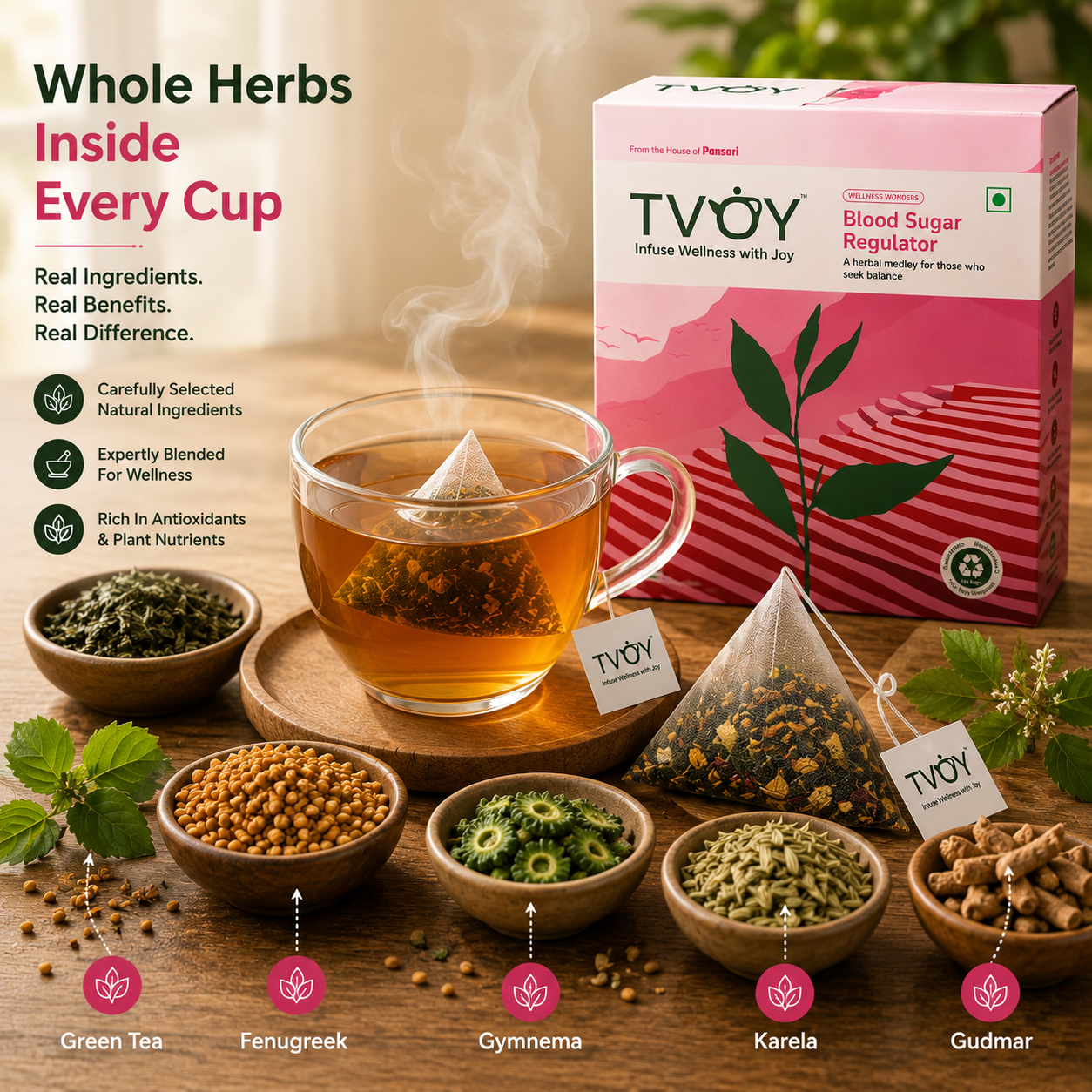 TVOY Blood Sugar Support Tea biodegradable pyramid tea bag close-up — plastic free and eco friendly