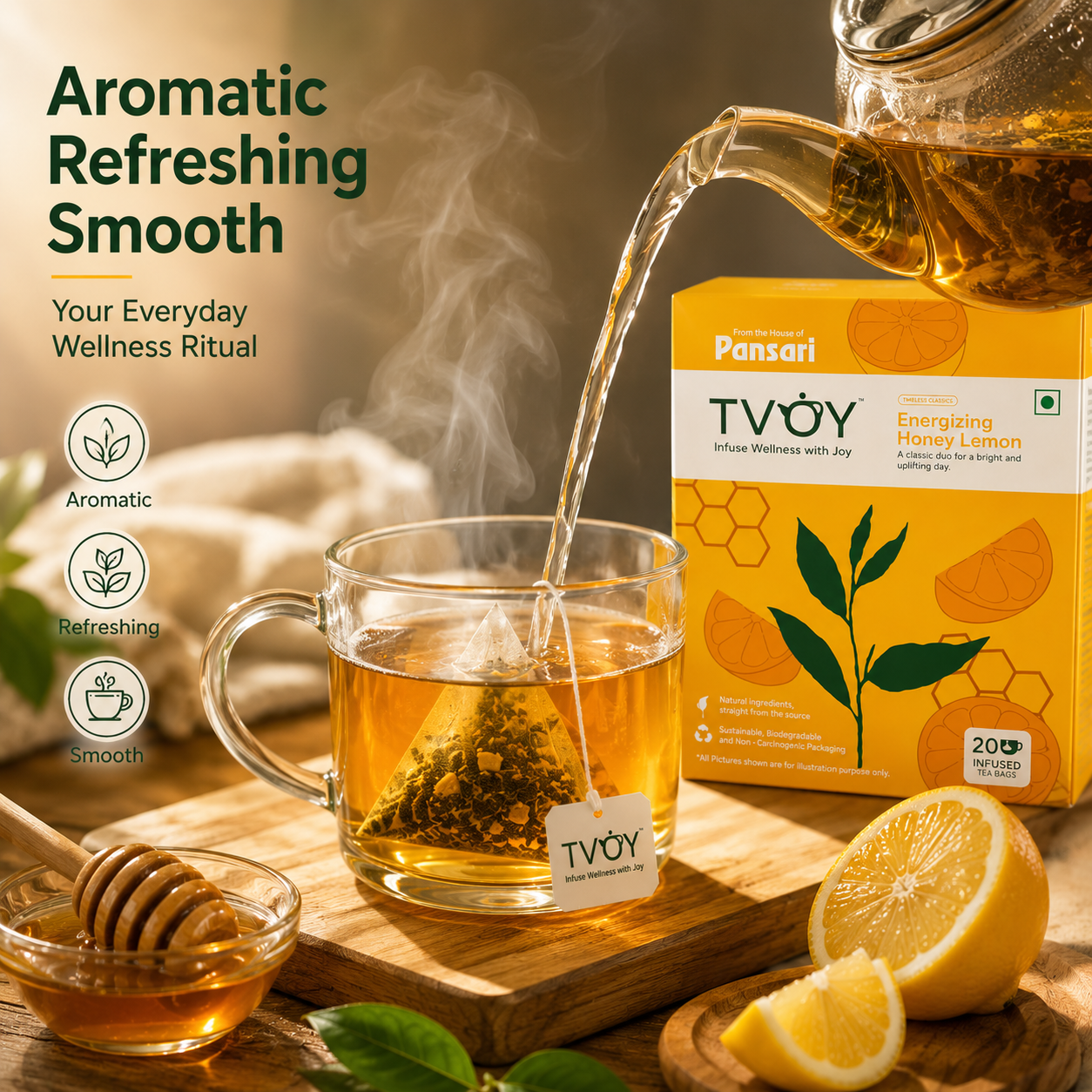 TVOY Honey Lemon Green Tea package label showing ingredients and brewing instructions