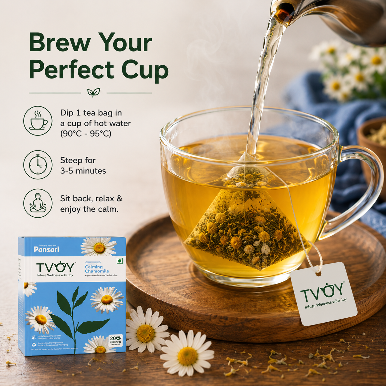 Health benefits of TVOY Chamomile Tea including better sleep and anxiety relief