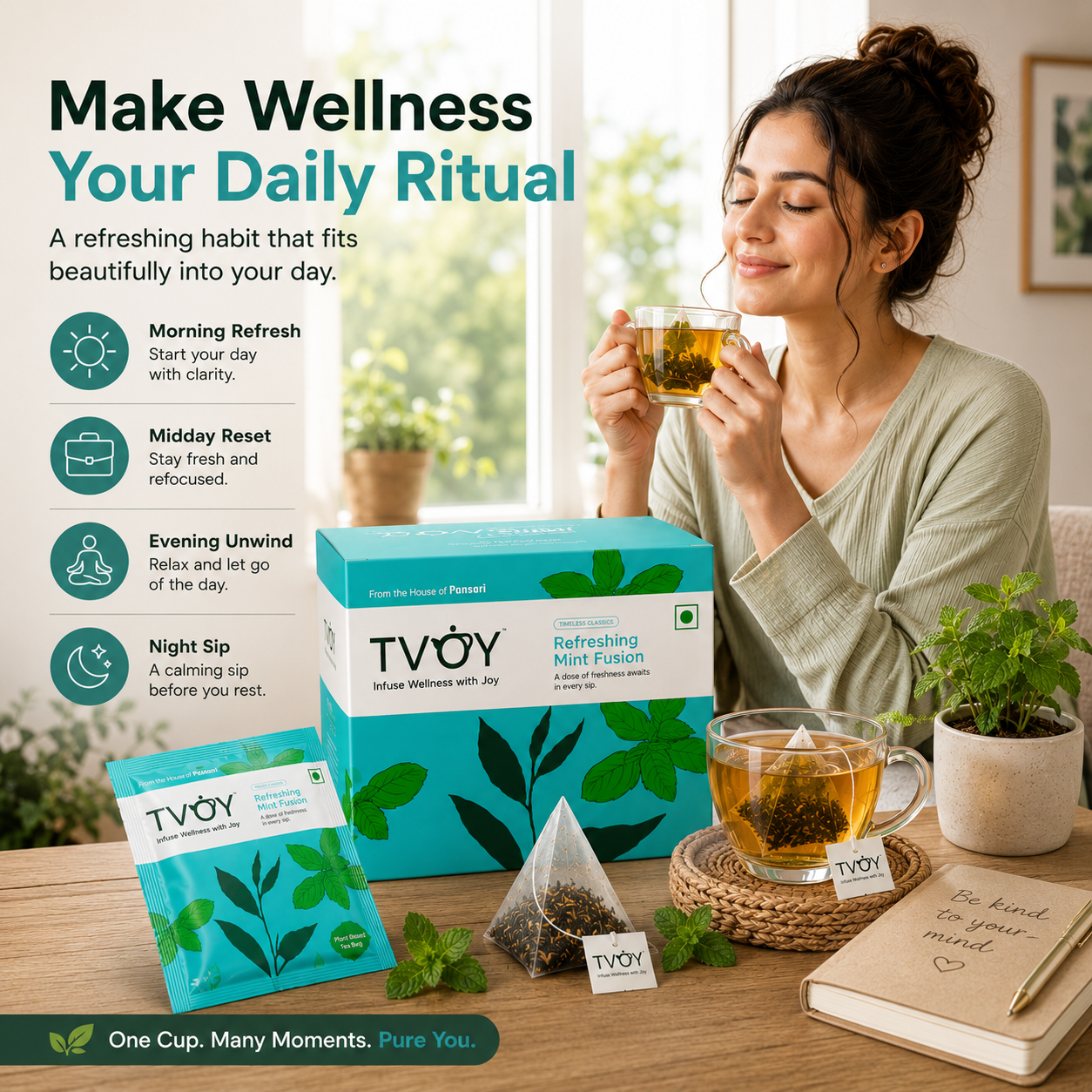 TVOY Mint Green Tea package label showing ingredients and brewing instructions