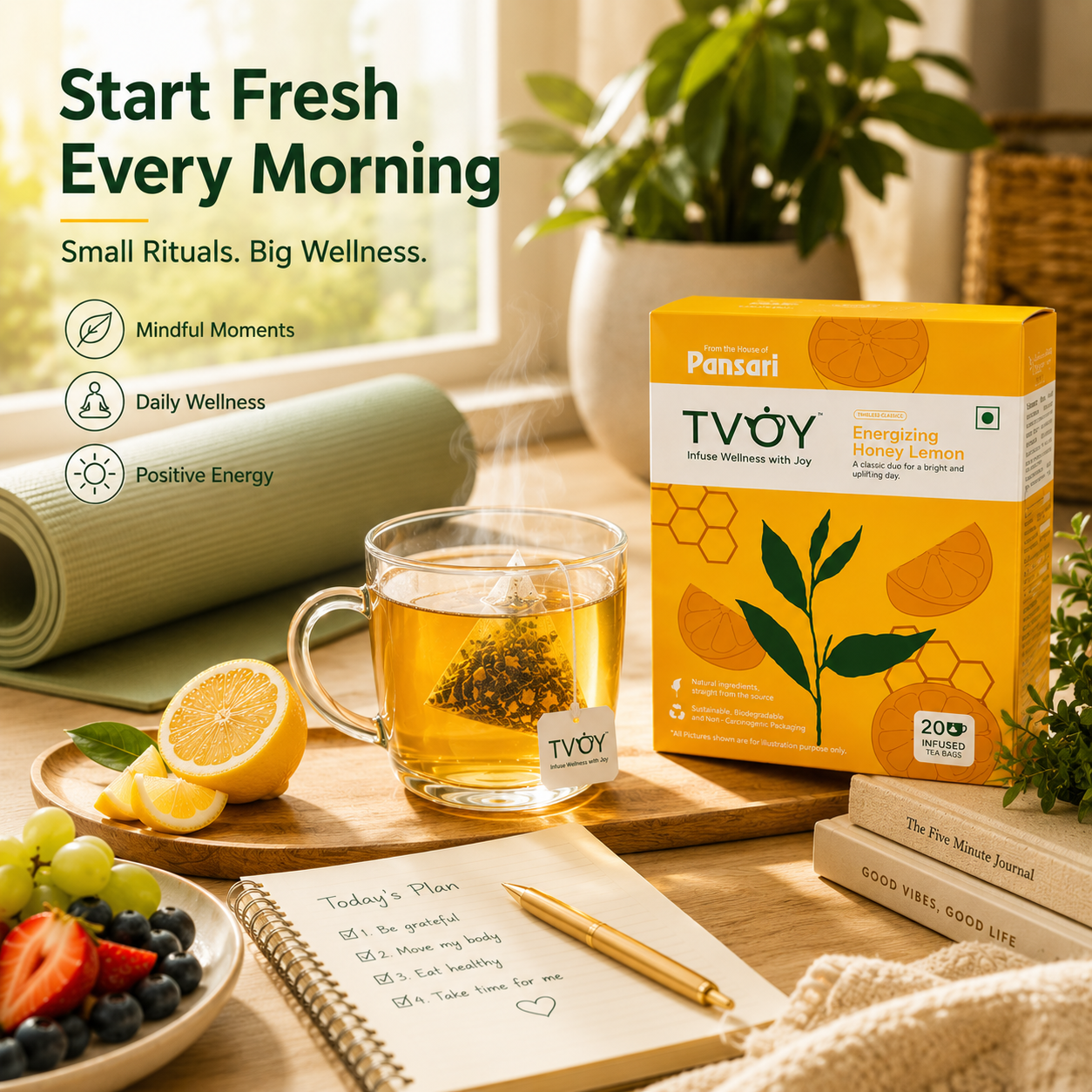TVOY Honey Lemon Green Tea for Weight Loss | Real Honey Granule & Lemon Peel | 20 Biodegradable Pyramid Tea Bags | No Plastic
