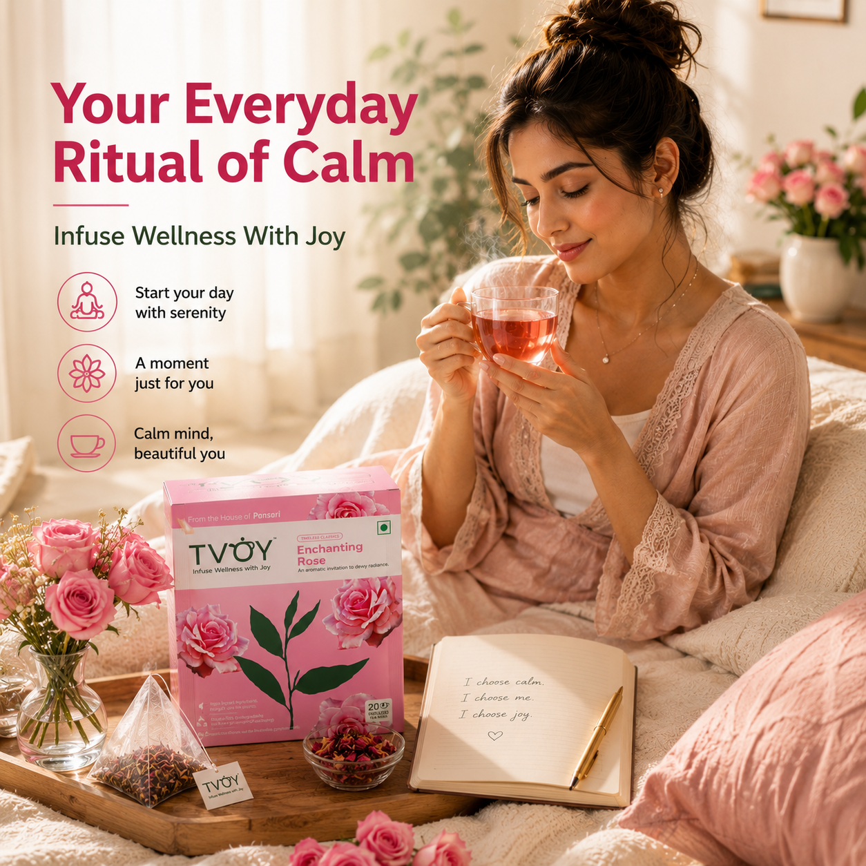 TVOY Rose Green Tea package label showing ingredients and brewing instructions