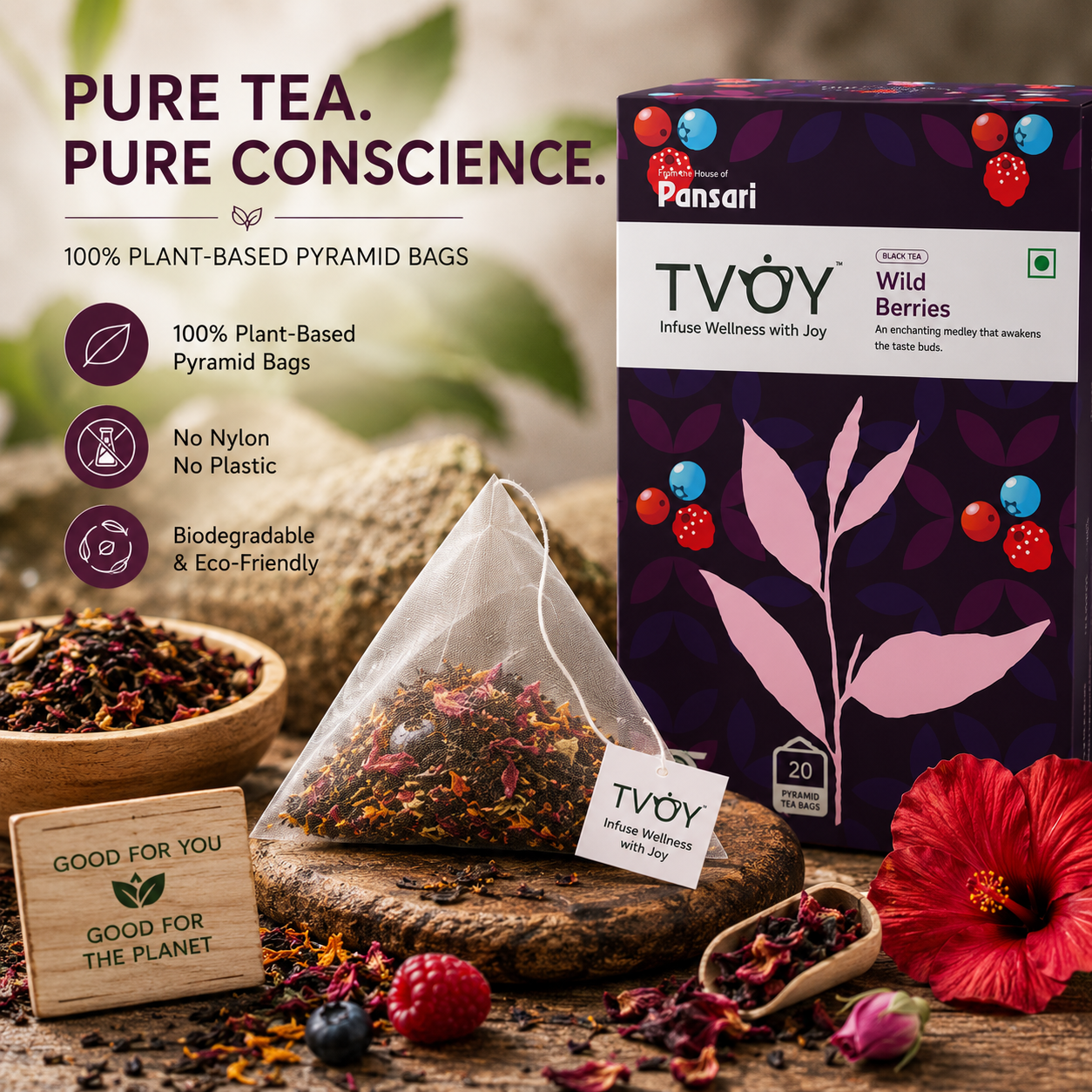 Health benefits of TVOY Wild Berry Hibiscus Tea including vitamin C rich hot or iced tea
