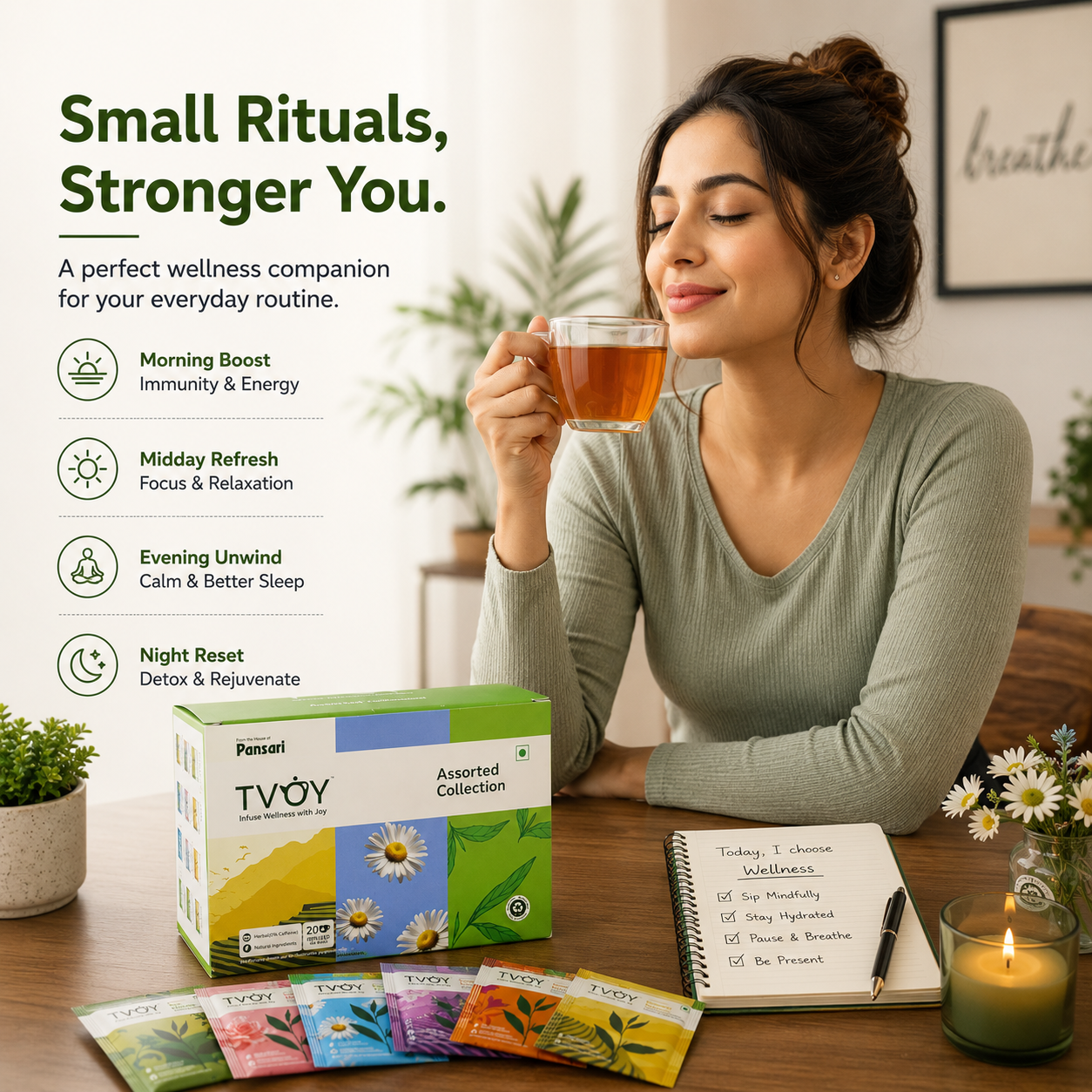TVOY Wellness Tea Gift Box package label showing ingredients and brewing instructions