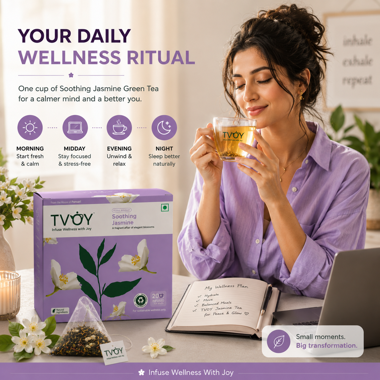Health benefits of TVOY Jasmine Green Tea including skin glow and stress relief