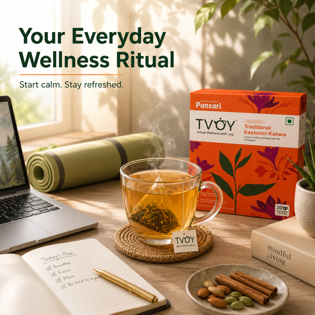 TVOY Kashmiri Kahwa Green Tea package label showing ingredients and brewing instructions
