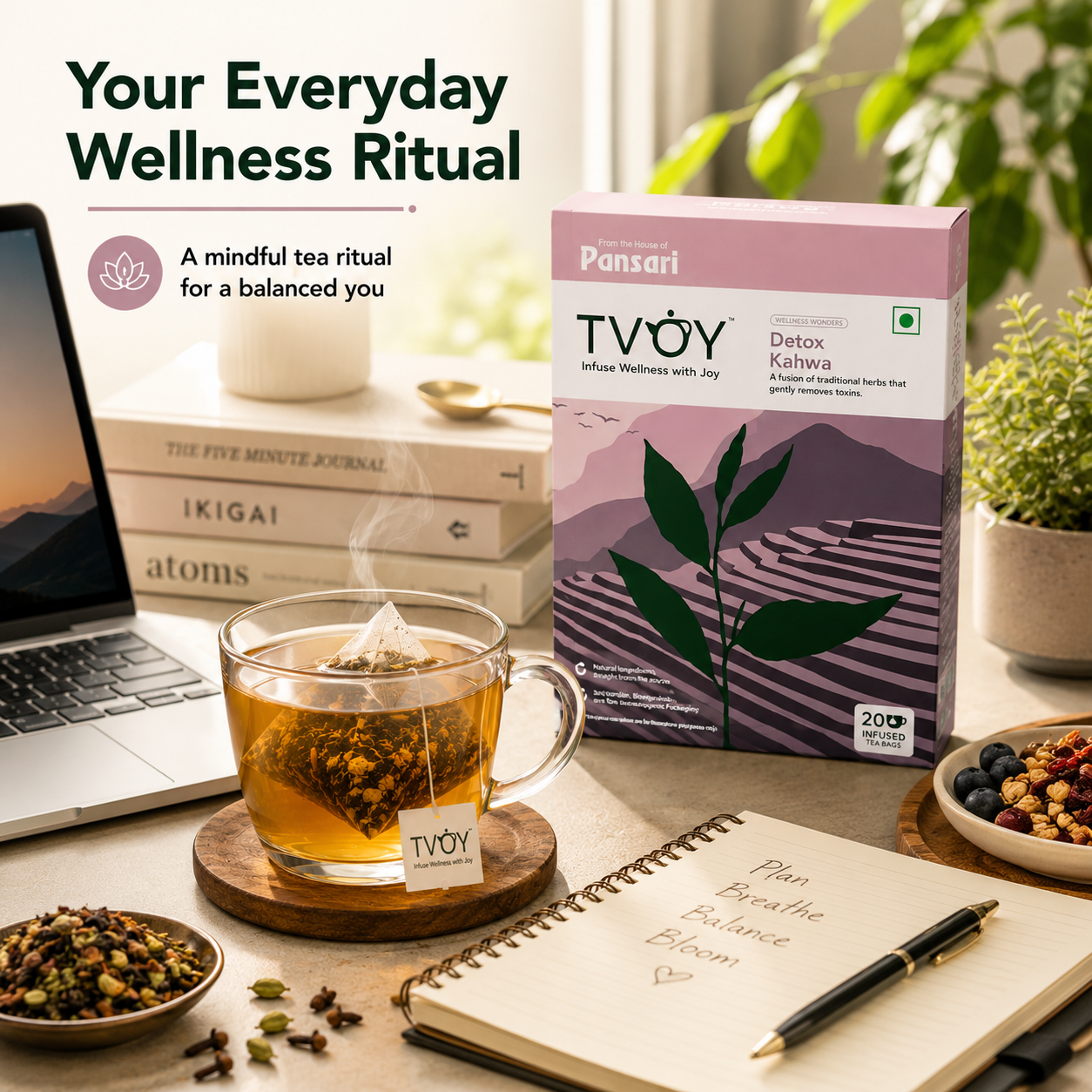 TVOY Detox Kahwa Green Tea package label showing ingredients and brewing instructions
