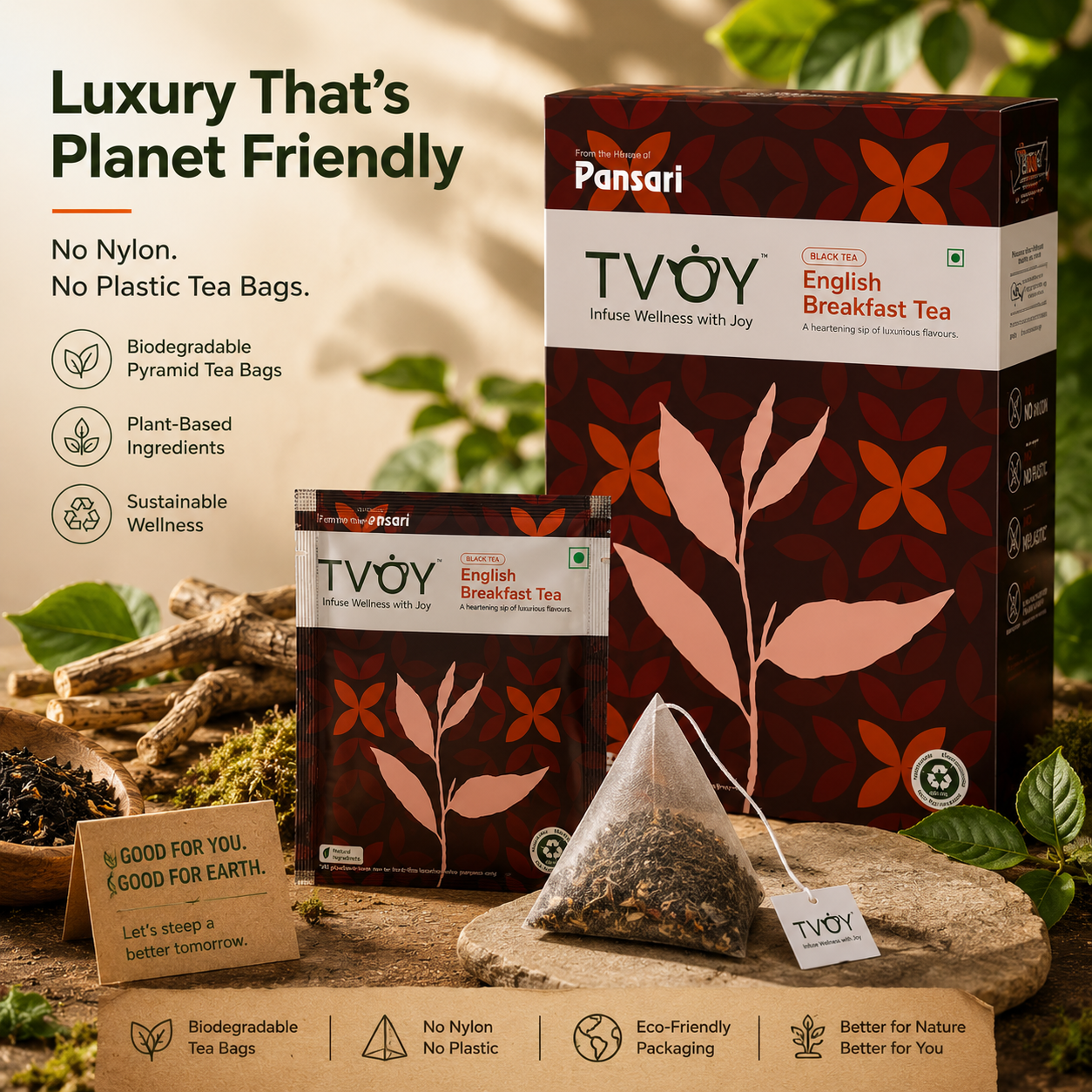Health benefits of TVOY English Breakfast Black Tea including bold morning tea with chicory and cocoa