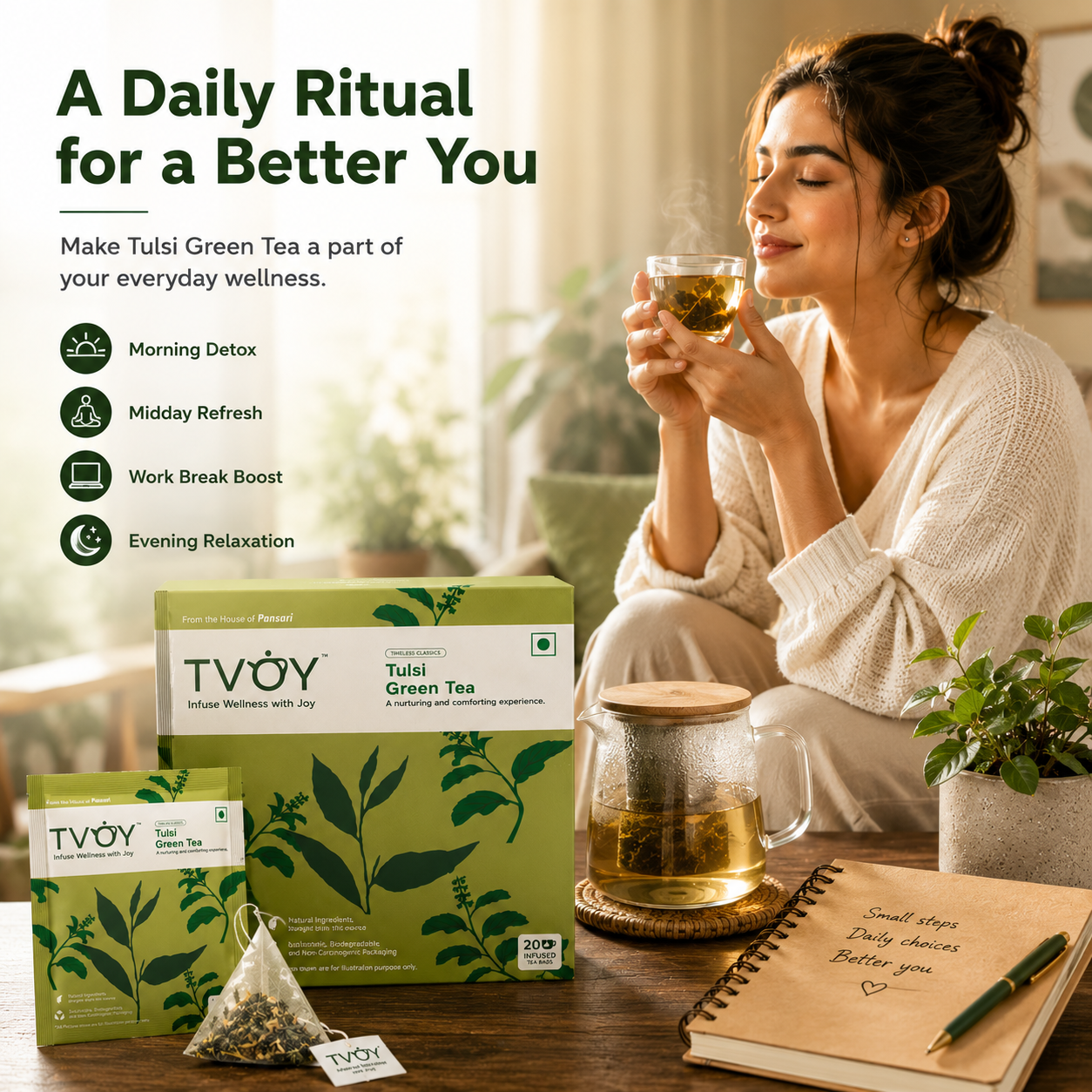 Health benefits of TVOY Tulsi Green Tea including immunity and stress relief