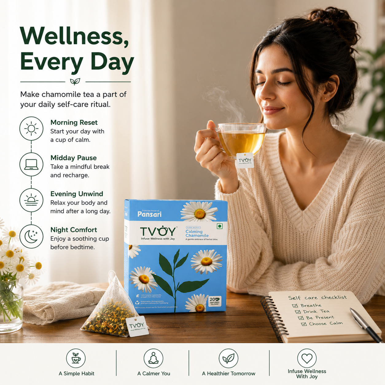 TVOY Chamomile Tea box front view — premium pyramid tea bags for better sleep and anxiety relief