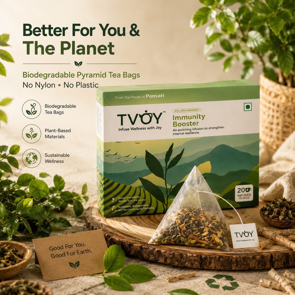 TVOY Immunity Booster Green Tea package label showing ingredients and brewing instructions