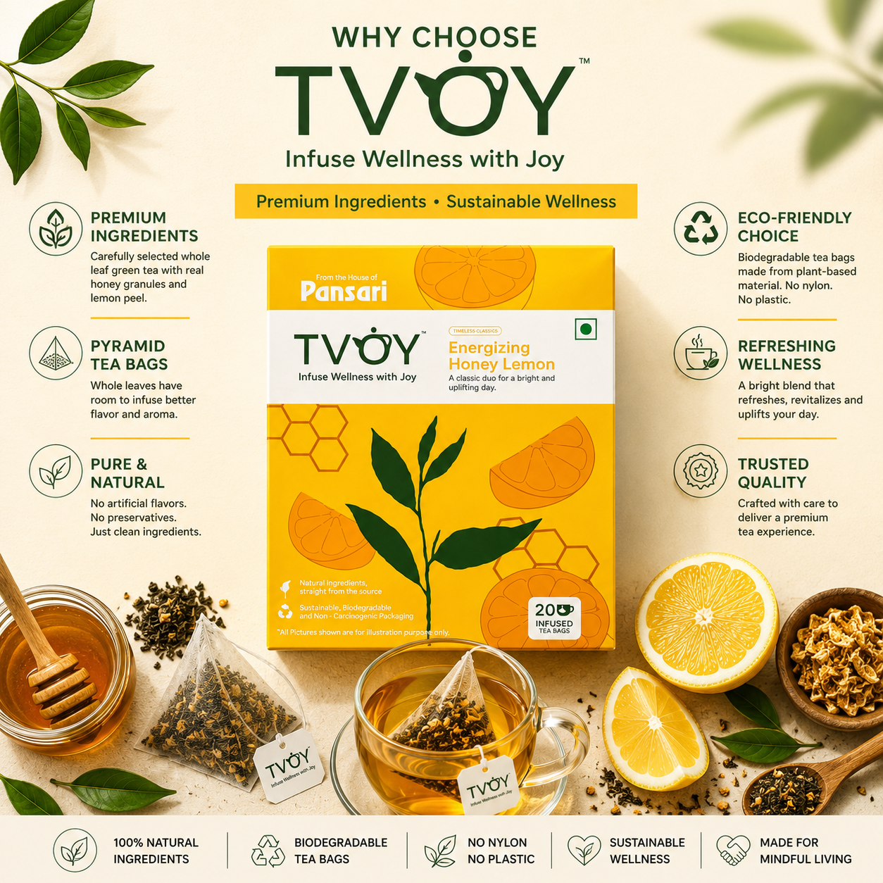 TVOY Honey Lemon Green Tea with a freshly brewed cup showing rich natural colour