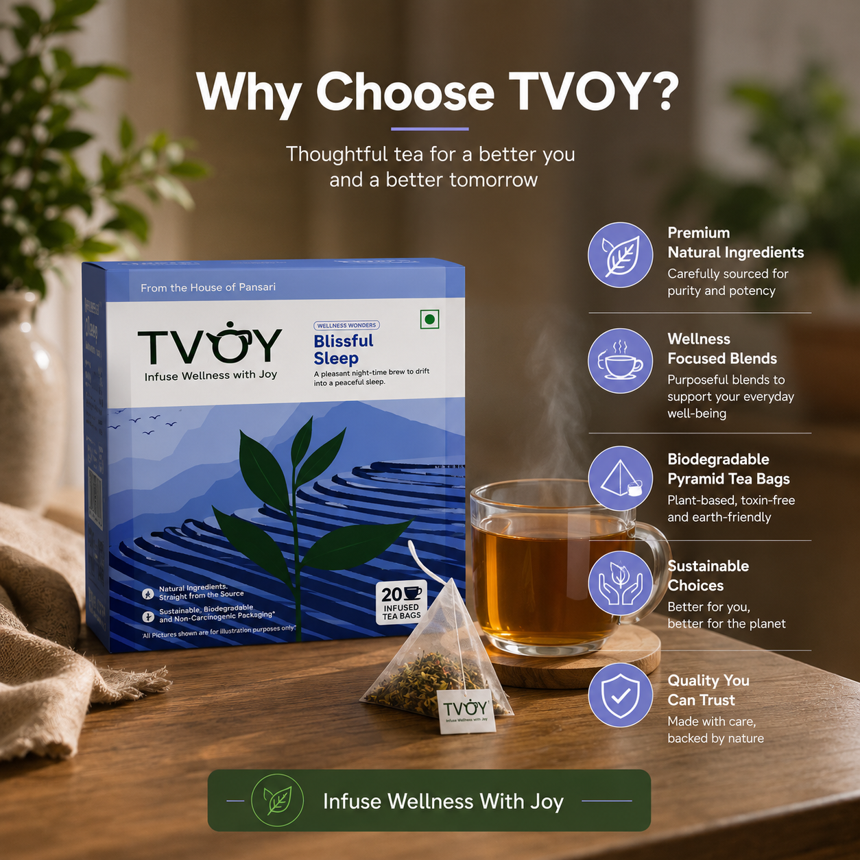 TVOY Herbal Sleep Tea whole leaf tea quality — no dust, no artificial flavours