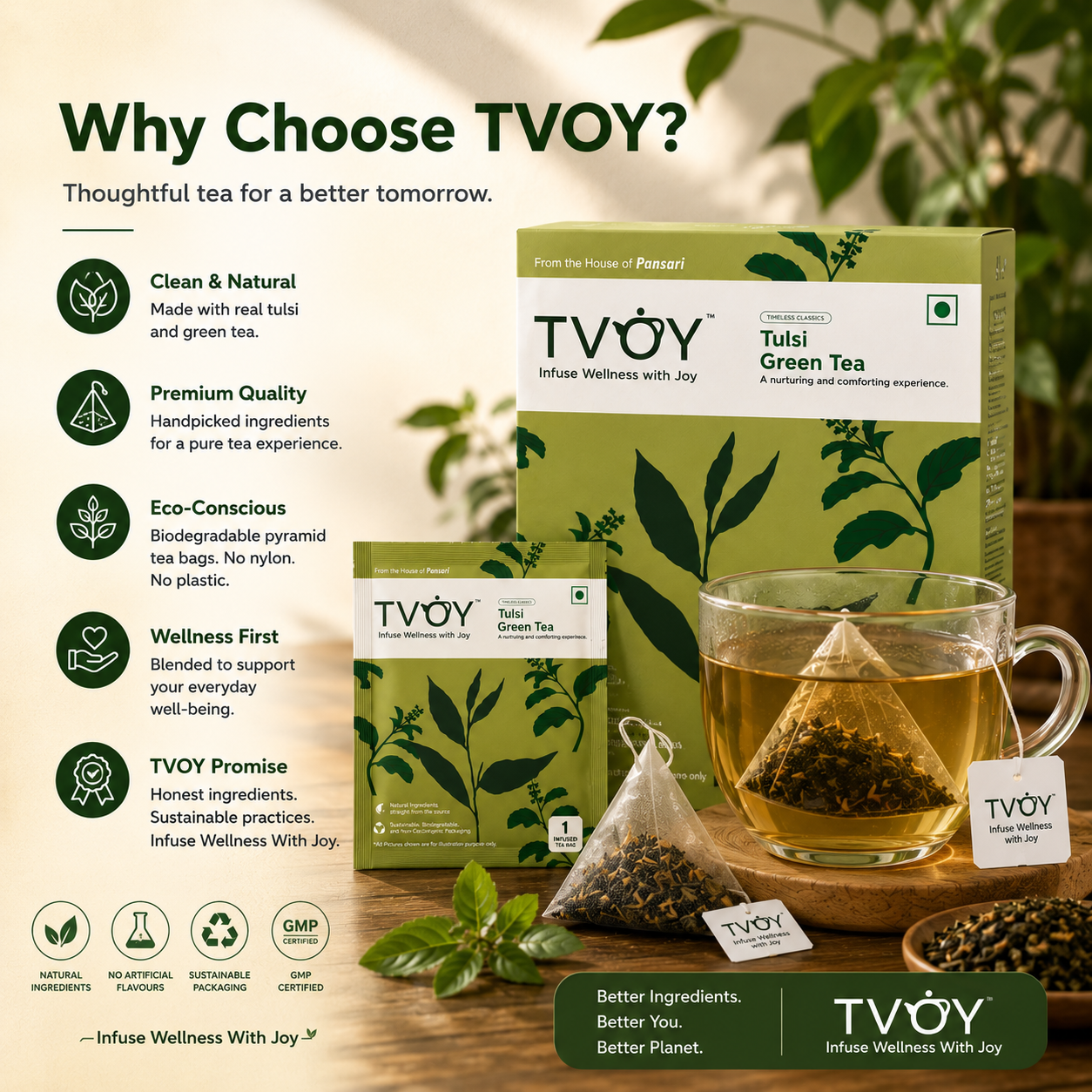 TVOY Tulsi Green Tea package label showing ingredients and brewing instructions