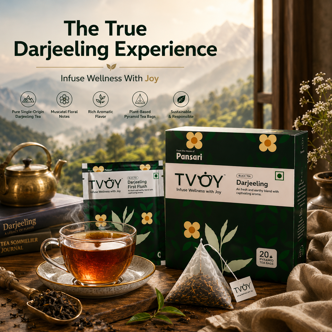 TVOY Darjeeling Black Tea package label showing ingredients and brewing instructions