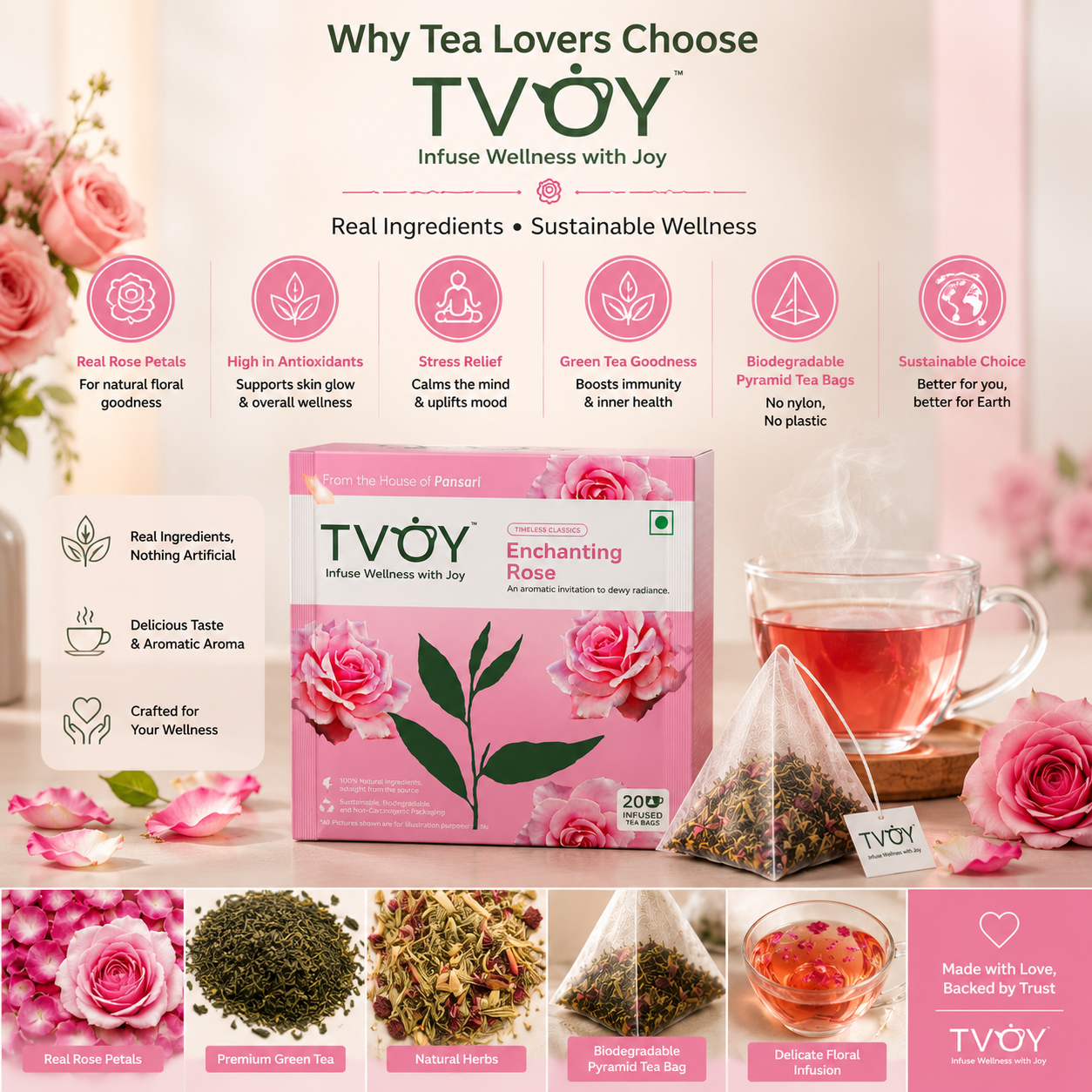 TVOY Rose Green Tea whole leaf tea quality — no dust, no artificial flavours