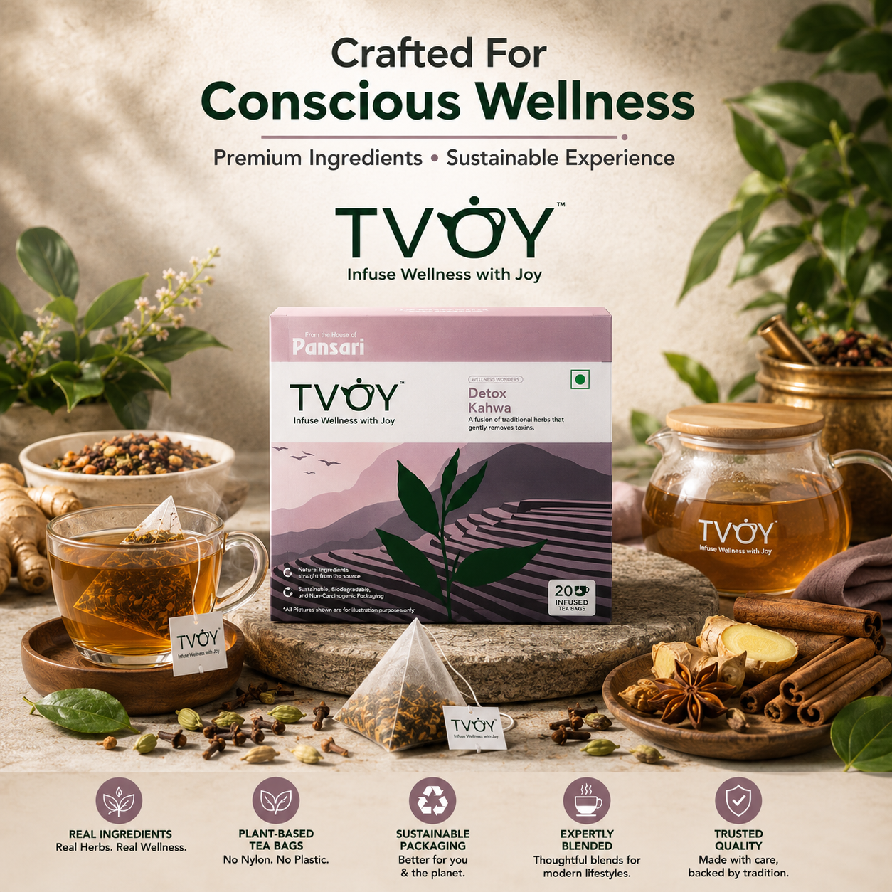 TVOY Detox Kahwa Green Tea whole leaf tea quality — no dust, no artificial flavours