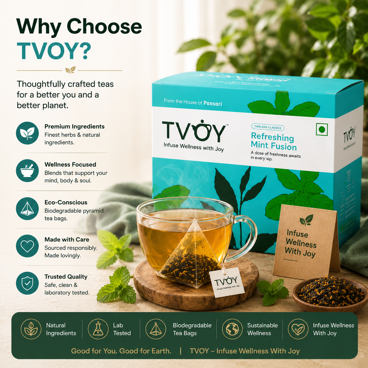 TVOY Mint Green Tea whole leaf tea quality — no dust, no artificial flavours