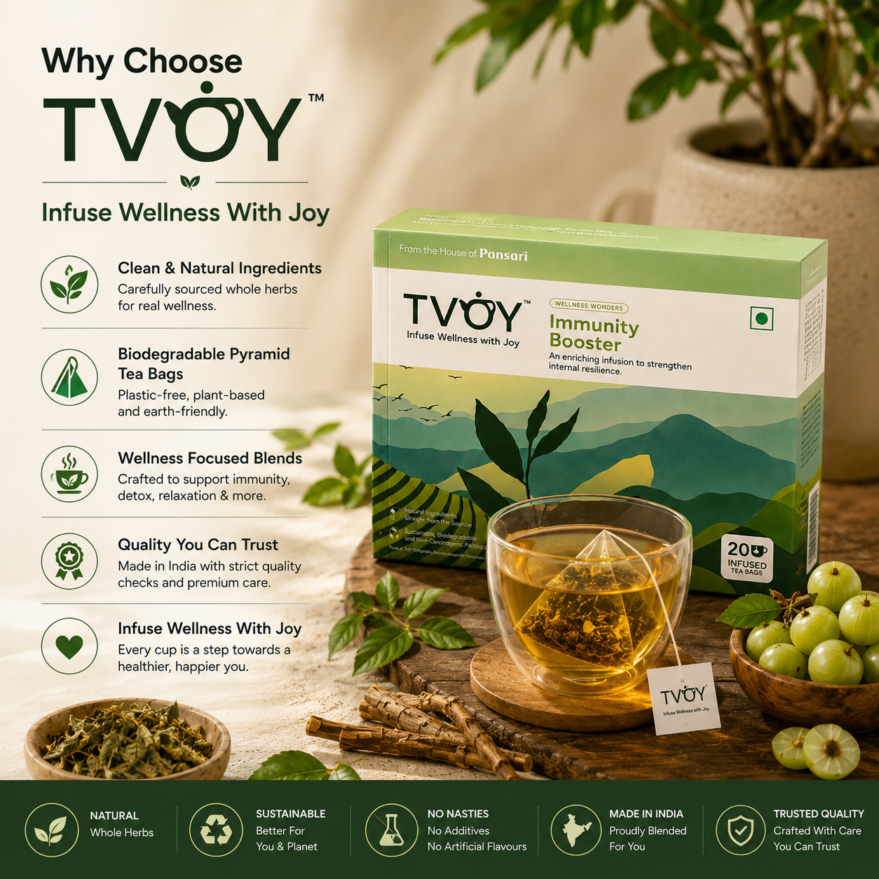 TVOY Immunity Booster Green Tea whole leaf tea quality — no dust, no artificial flavours