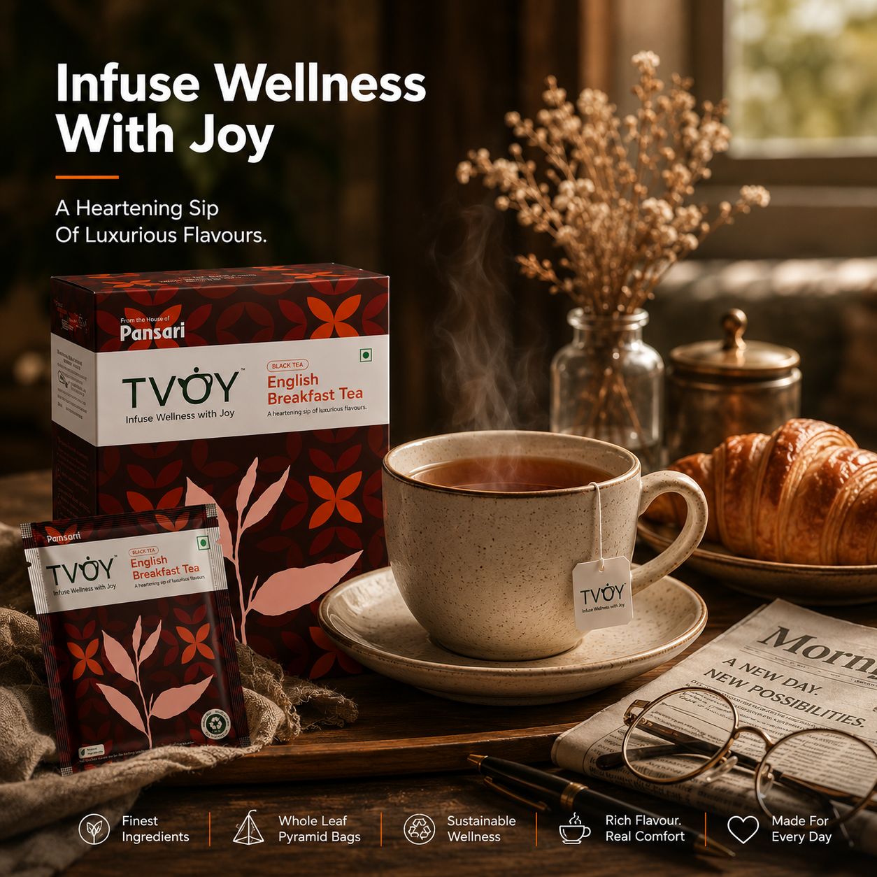 TVOY English Breakfast Black Tea package label showing ingredients and brewing instructions
