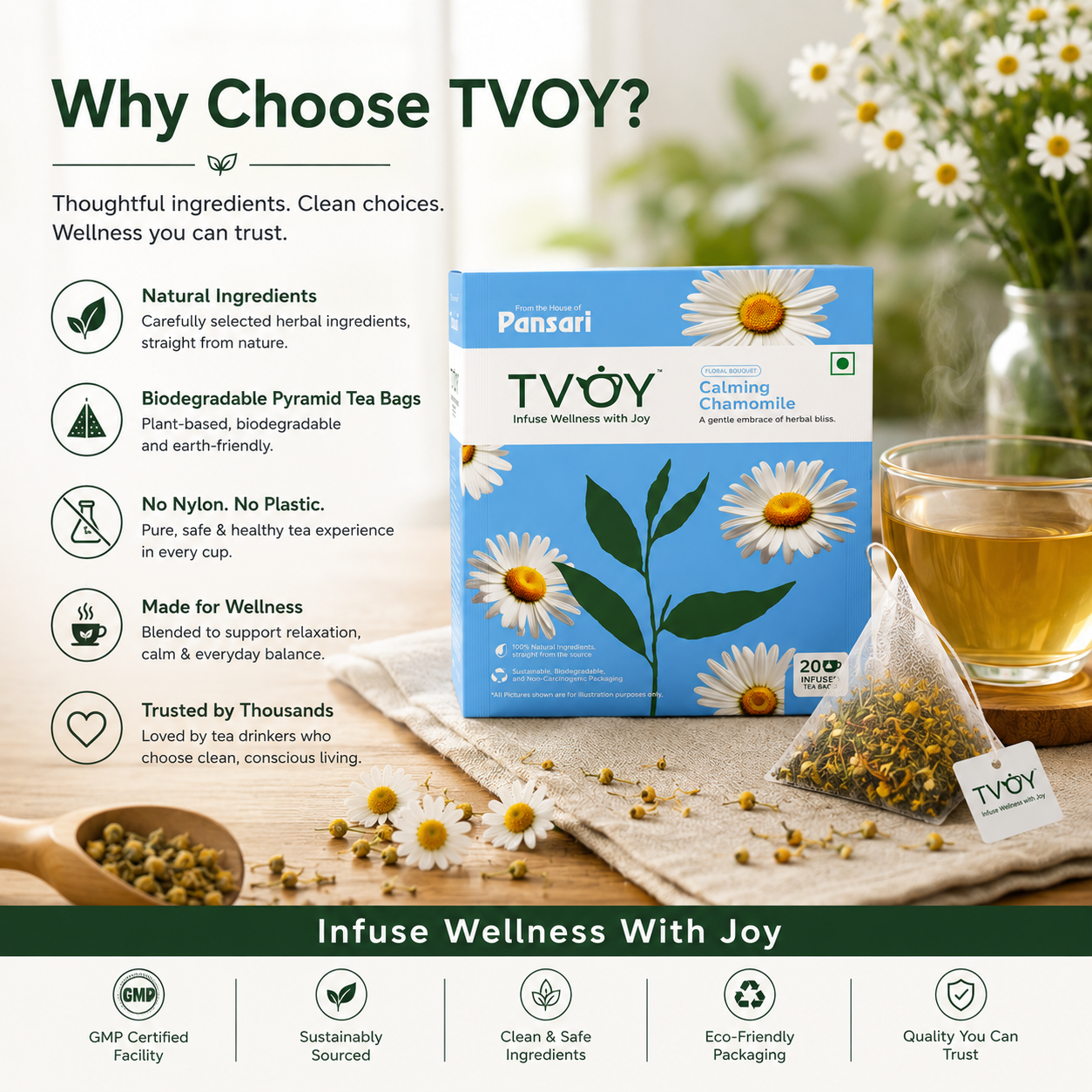 TVOY Chamomile Tea package label showing ingredients and brewing instructions