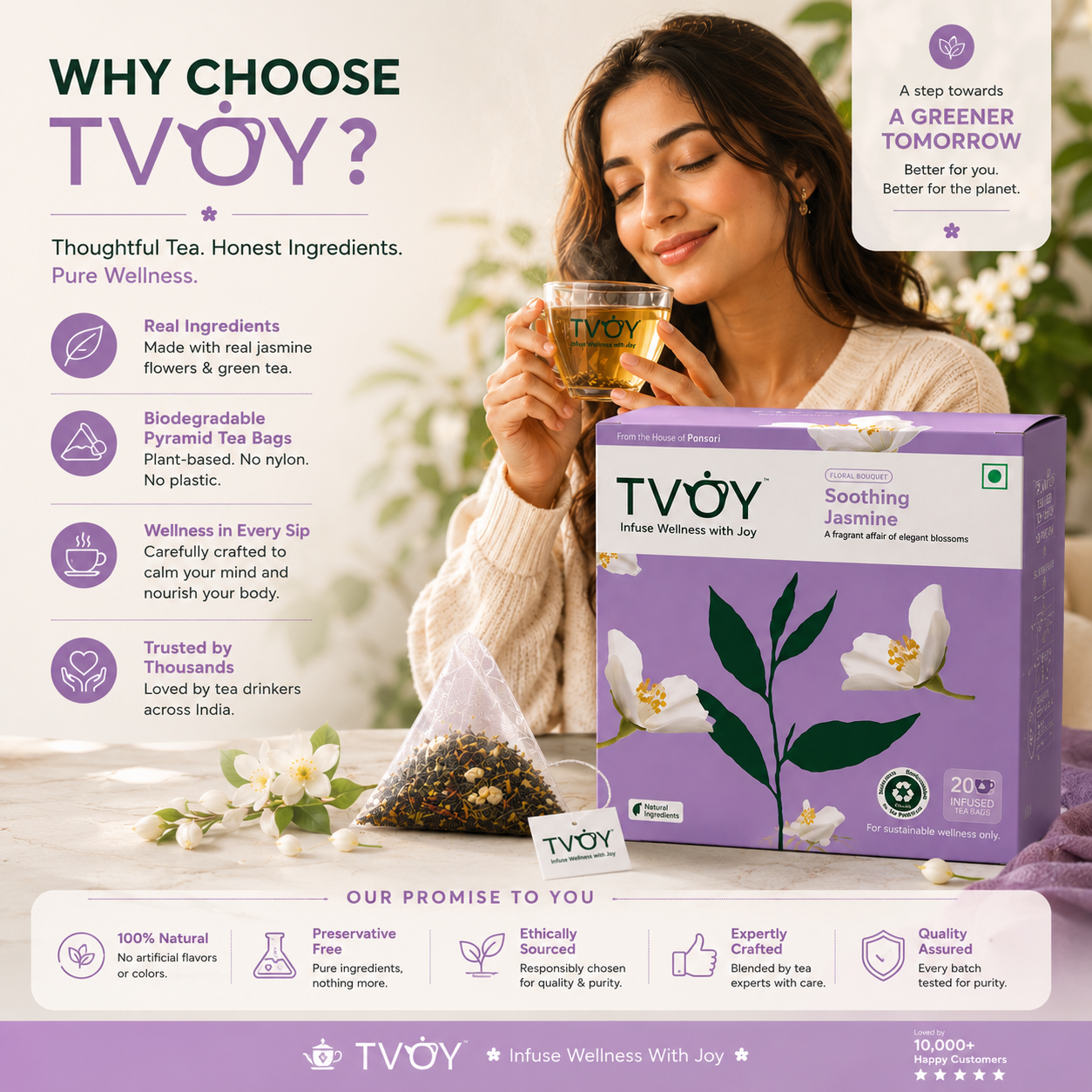 TVOY Jasmine Green Tea package label showing ingredients and brewing instructions