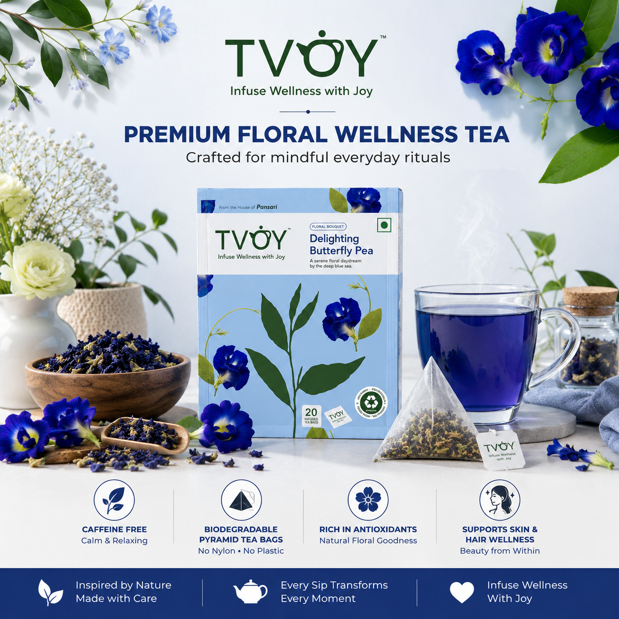TVOY Butterfly Pea Blue Green Tea package label showing ingredients and brewing instructions