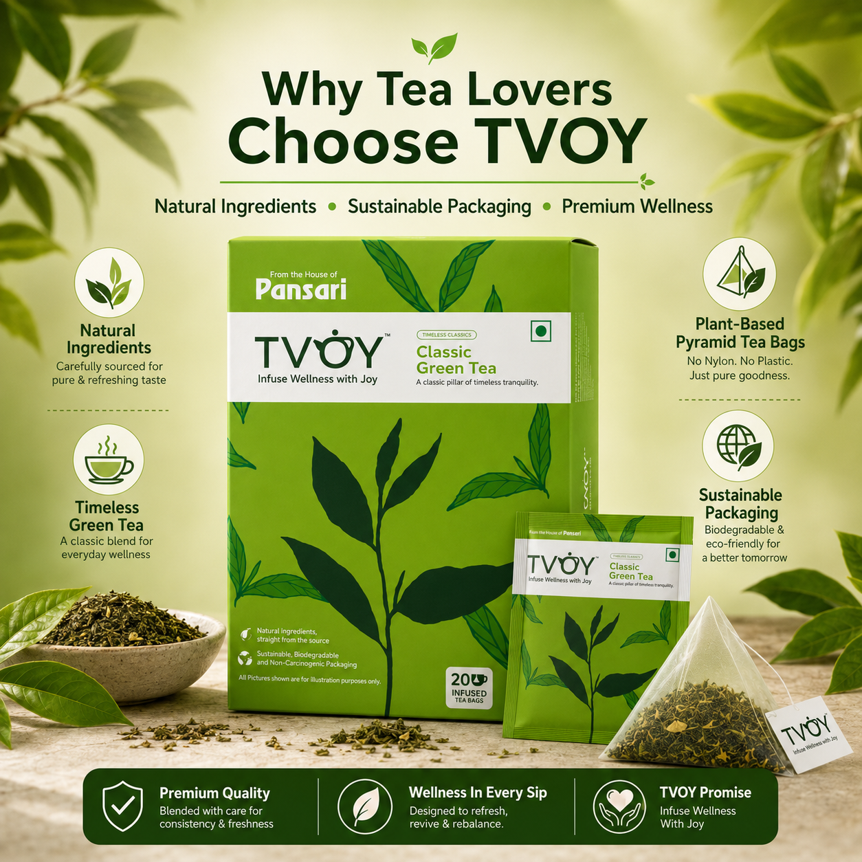 TVOY Pure Green Tea package label showing ingredients and brewing instructions