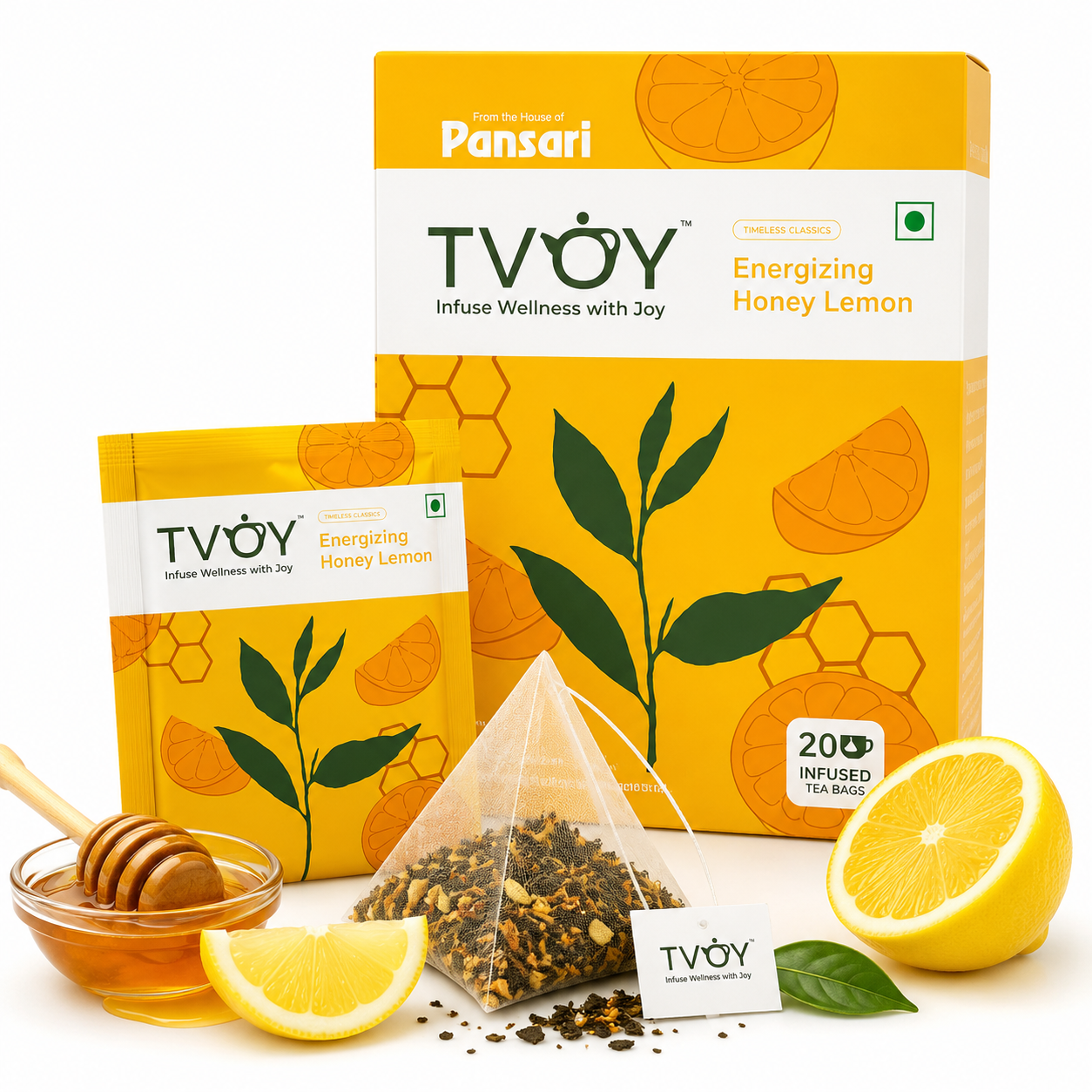 TVOY Honey Lemon Green Tea whole leaf tea quality — no dust, no artificial flavours