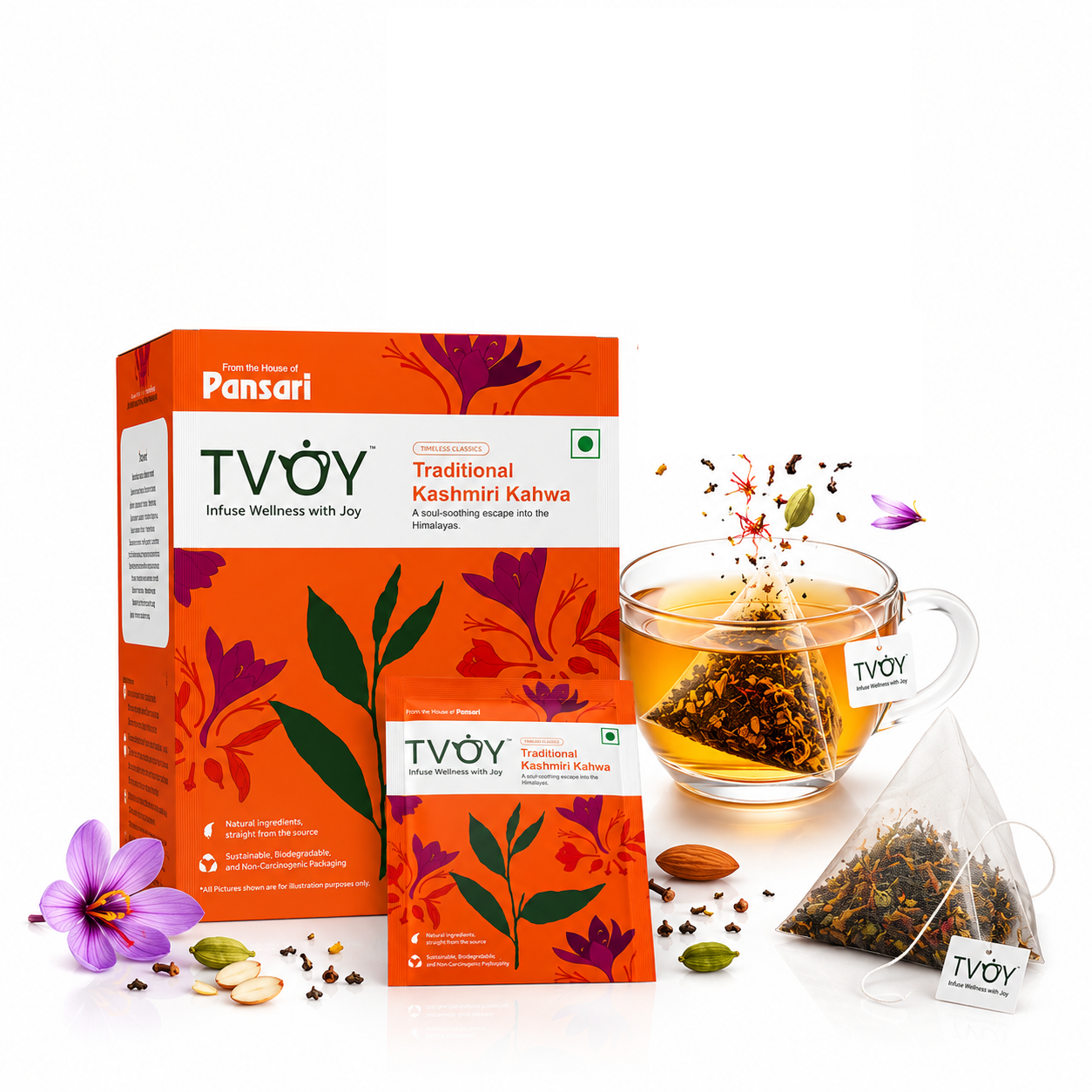 TVOY Kashmiri Kahwa Green Tea with Kesar & 12 Spices | Immunity & Warmth | 20 Biodegradable Pyramid Tea Bags | No Plastic